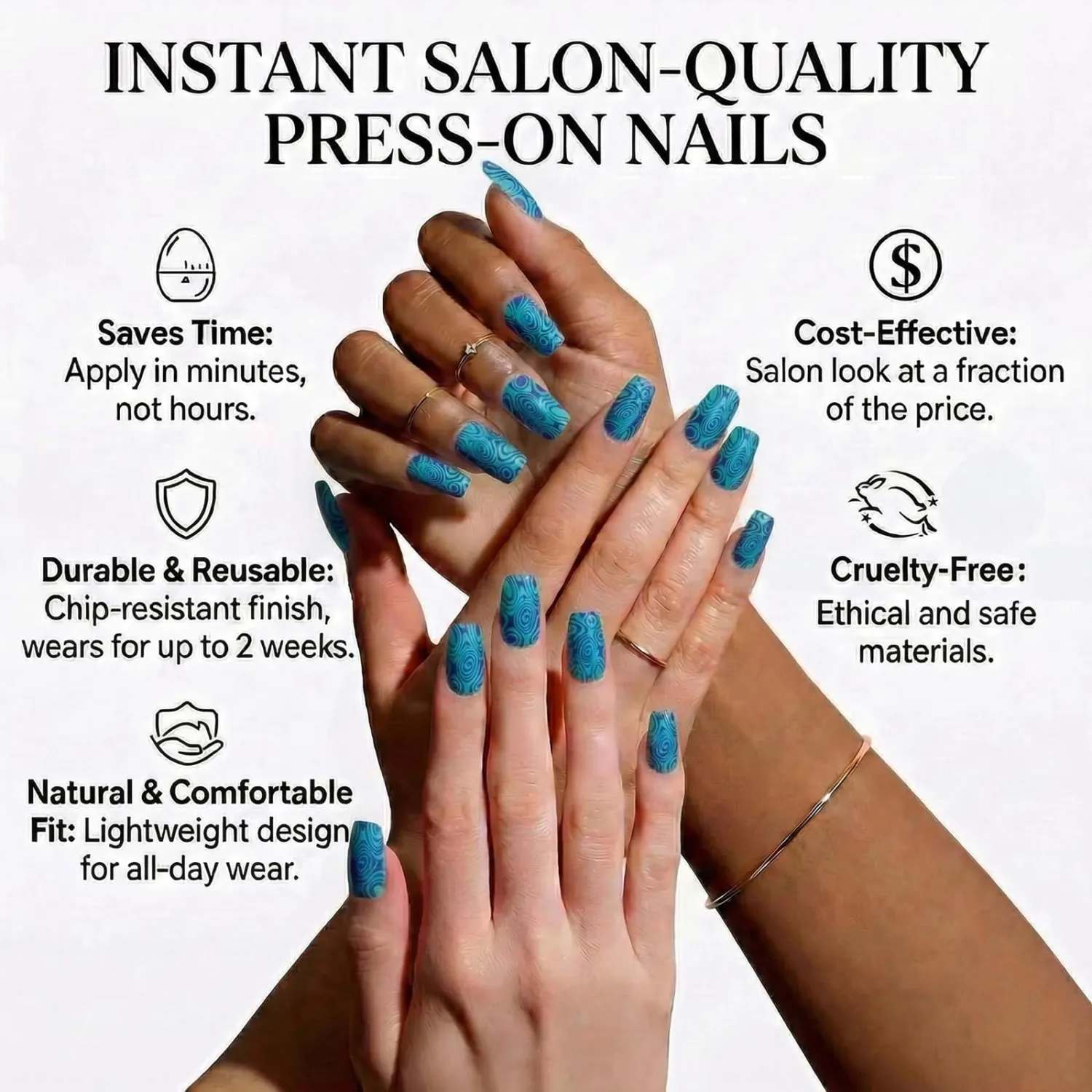 IMRAIN Square Press on Nails, Medium Fake Nails, Matte Teal Abstract Swirl Line Design, 24 Pcs Reusable Glue on Nails for Women, Salon Quality