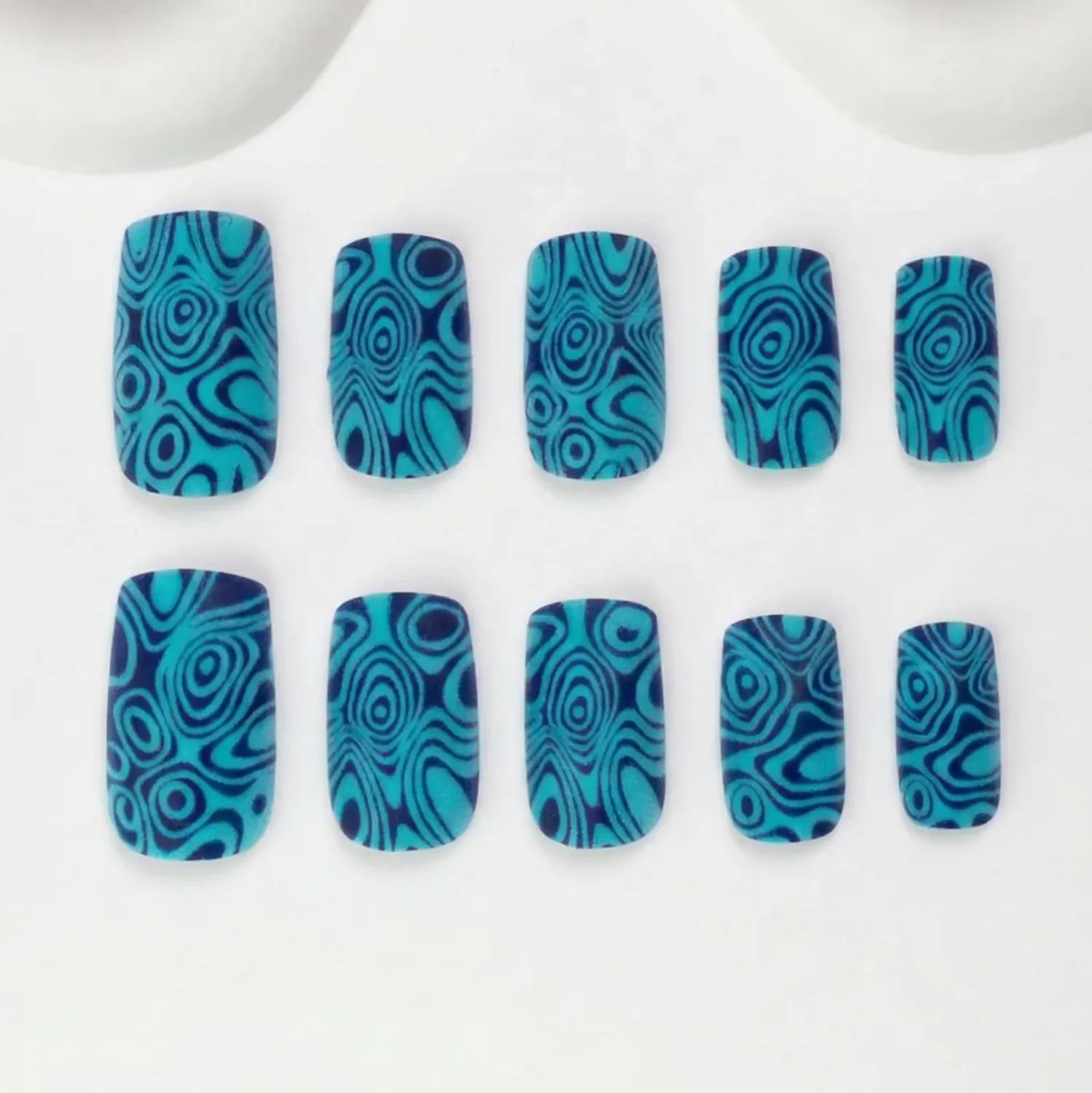 IMRAIN Square Press on Nails, Medium Fake Nails, Matte Teal Abstract Swirl Line Design, 24 Pcs Reusable Glue on Nails for Women, Salon Quality