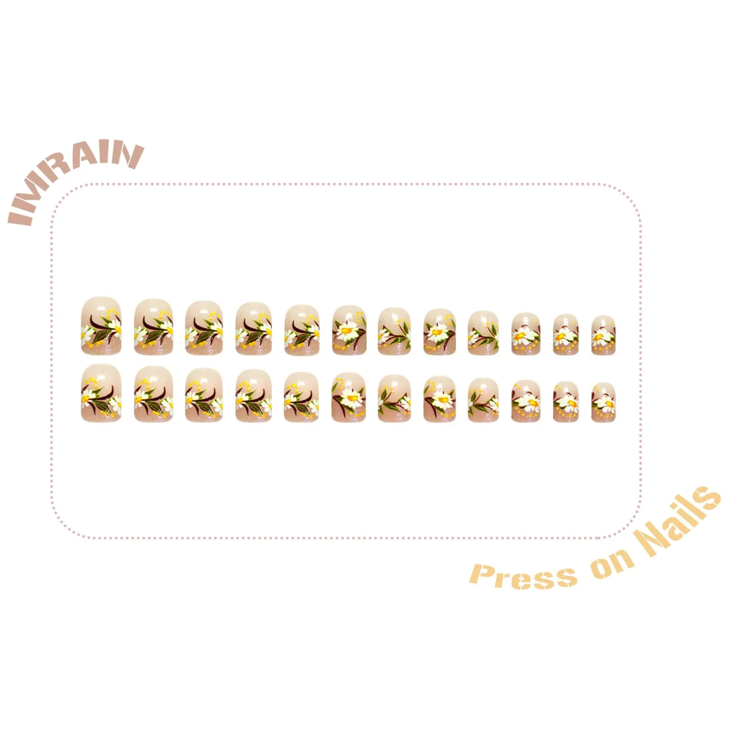 IMRAIN Press on Nails Short Square Fake Nails Flower False Nails Acrylic Glossy Stick on Fingernails Nude Glue on Nails for Women Girls