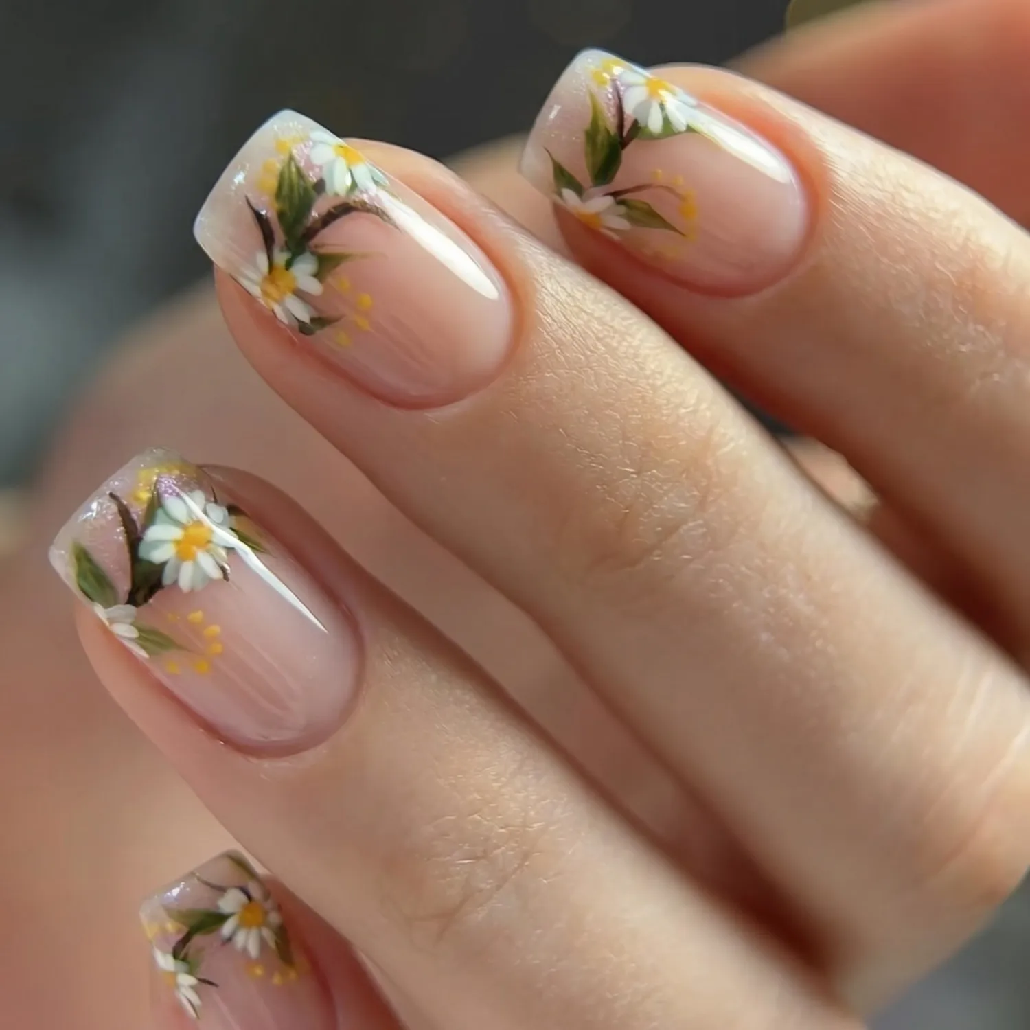 IMRAIN Press on Nails Short Square Fake Nails Flower False Nails Acrylic Glossy Stick on Fingernails Nude Glue on Nails for Women Girls