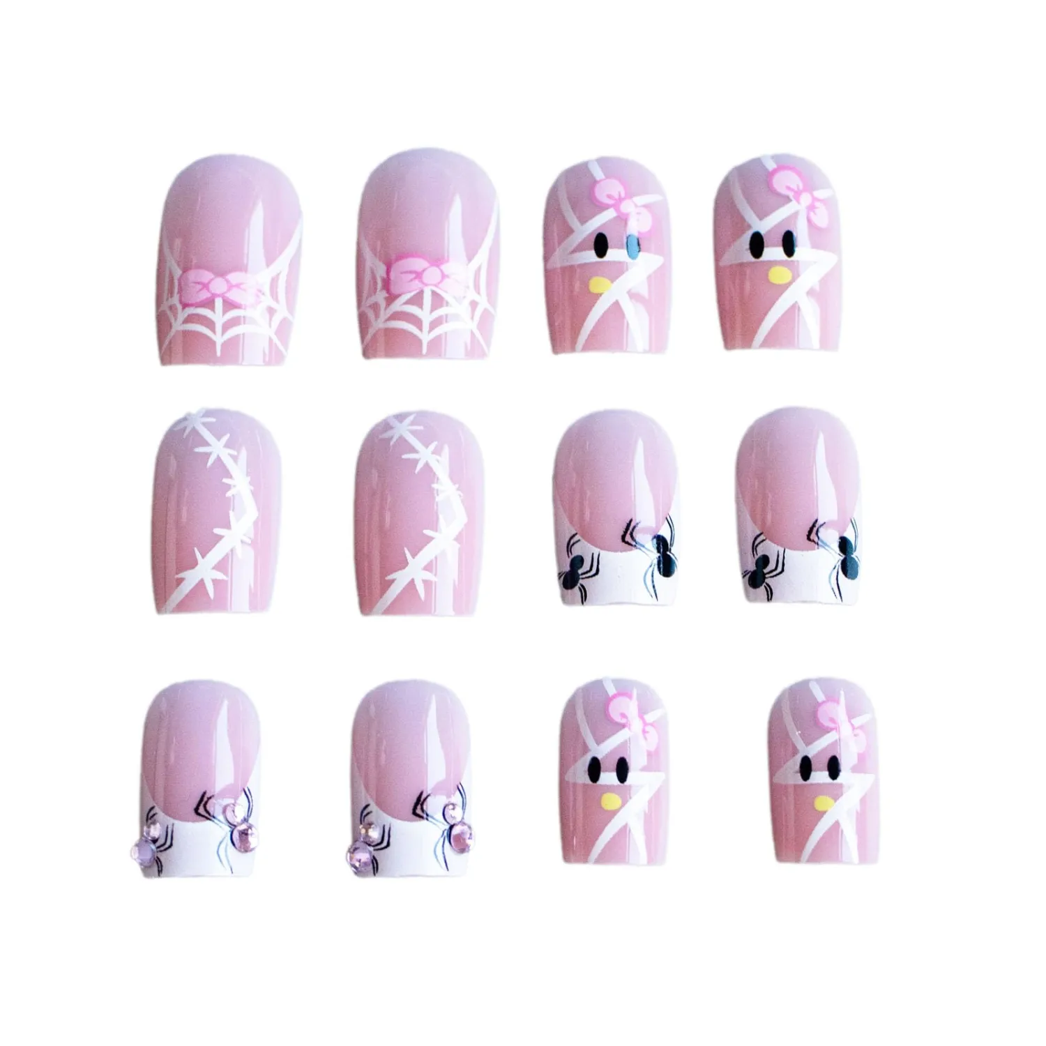 IMRAIN French Tip Press on Nails Medium Square Fake Nails with Pink Rhinestone Spider, Bow Design Glossy Acrylic False Nails Full Cover Cute Goth Stick on Nails for Women Girls