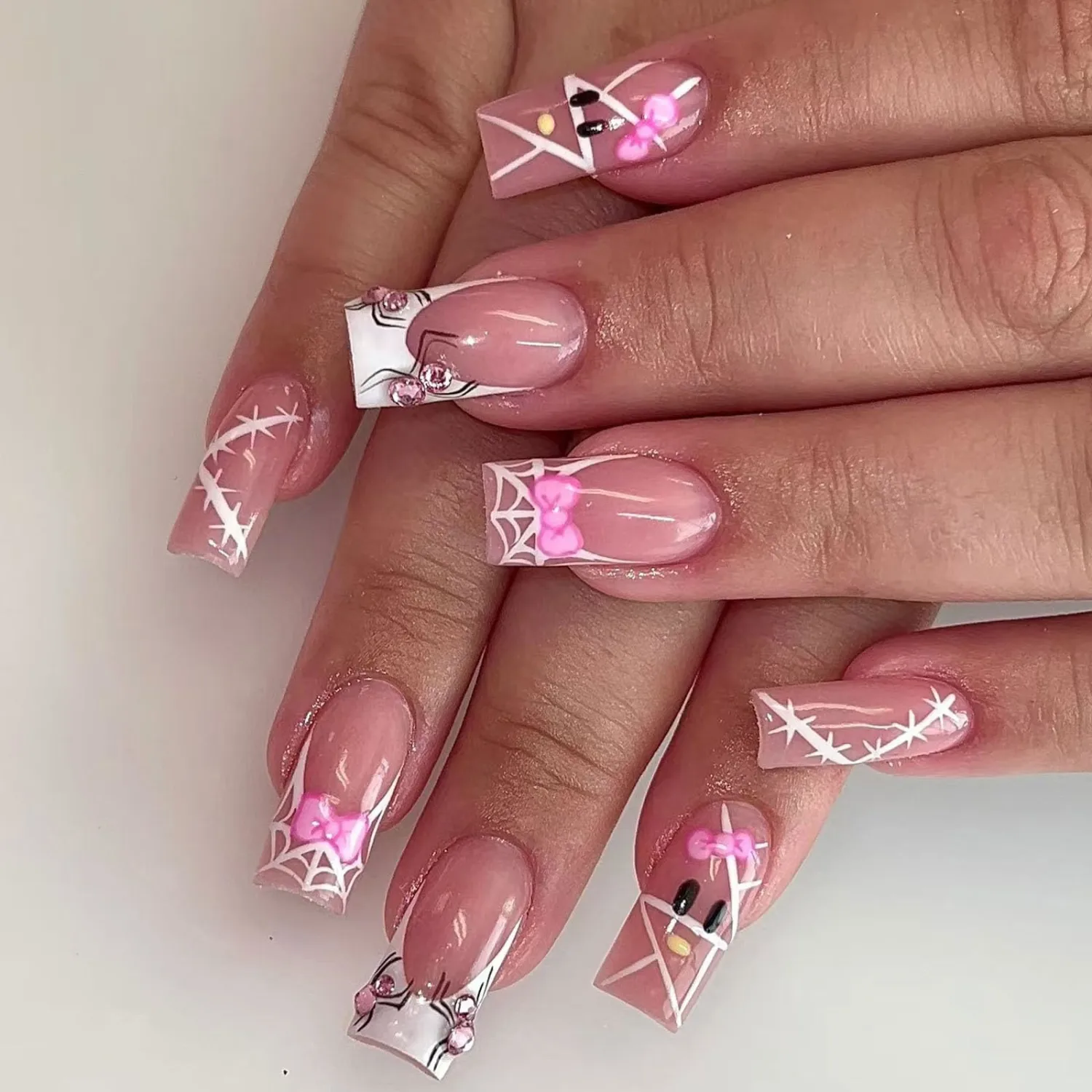 IMRAIN French Tip Press on Nails Medium Square Fake Nails with Pink Rhinestone Spider, Bow Design Glossy Acrylic False Nails Full Cover Cute Goth Stick on Nails for Women Girls