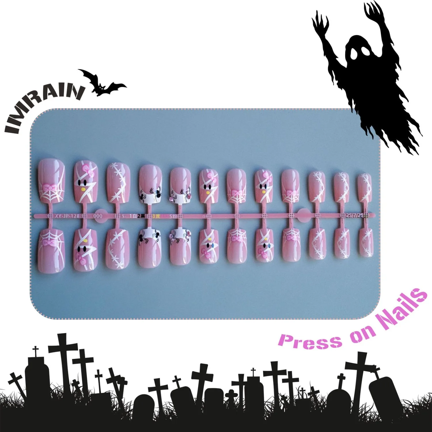 IMRAIN French Tip Press on Nails Medium Square Fake Nails with Pink Rhinestone Spider, Bow Design Glossy Acrylic False Nails Full Cover Cute Goth Stick on Nails for Women Girls