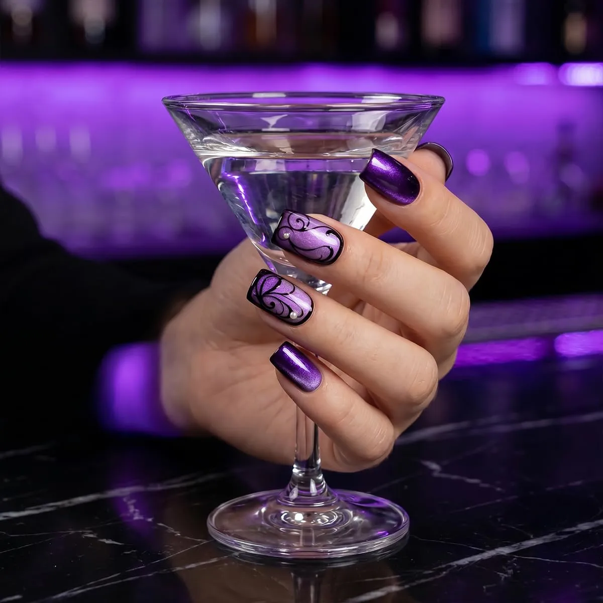 Short Square Press On Nails - Violet Totem Design Fake Nails Glossy Finished Reusable False Nails with Glue Tabs - 24Pcs Nail Kit for Women Manicure