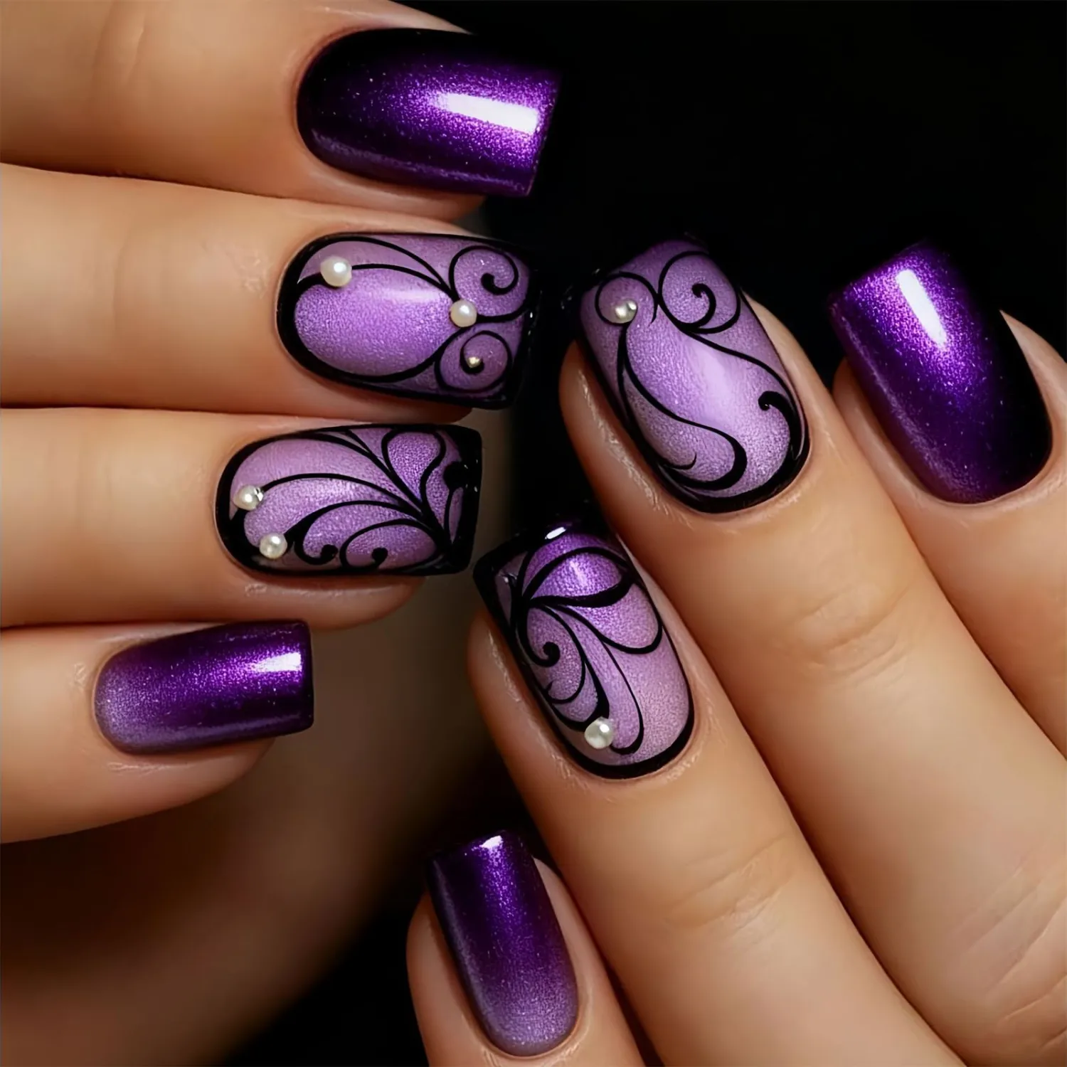 Short Square Press On Nails - Violet Totem Design Fake Nails Glossy Finished Reusable False Nails with Glue Tabs - 24Pcs Nail Kit for Women Manicure