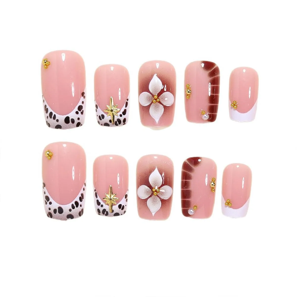 Medium Square Press On Nails - Leopard & Tortoise Shell French Tip Fake Nails 5D Flower Glossy Finished Reusable False Nails with Glue Tabs - 24Pcs Nail Kit for Women Manicure