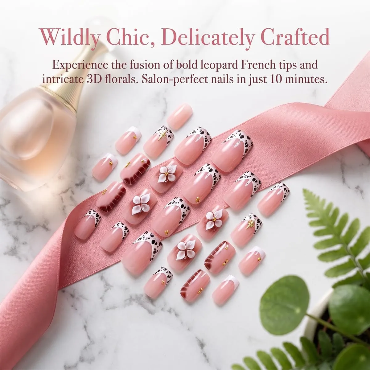 Medium Square Press On Nails - Leopard & Tortoise Shell French Tip Fake Nails 5D Flower Glossy Finished Reusable False Nails with Glue Tabs - 24Pcs Nail Kit for Women Manicure