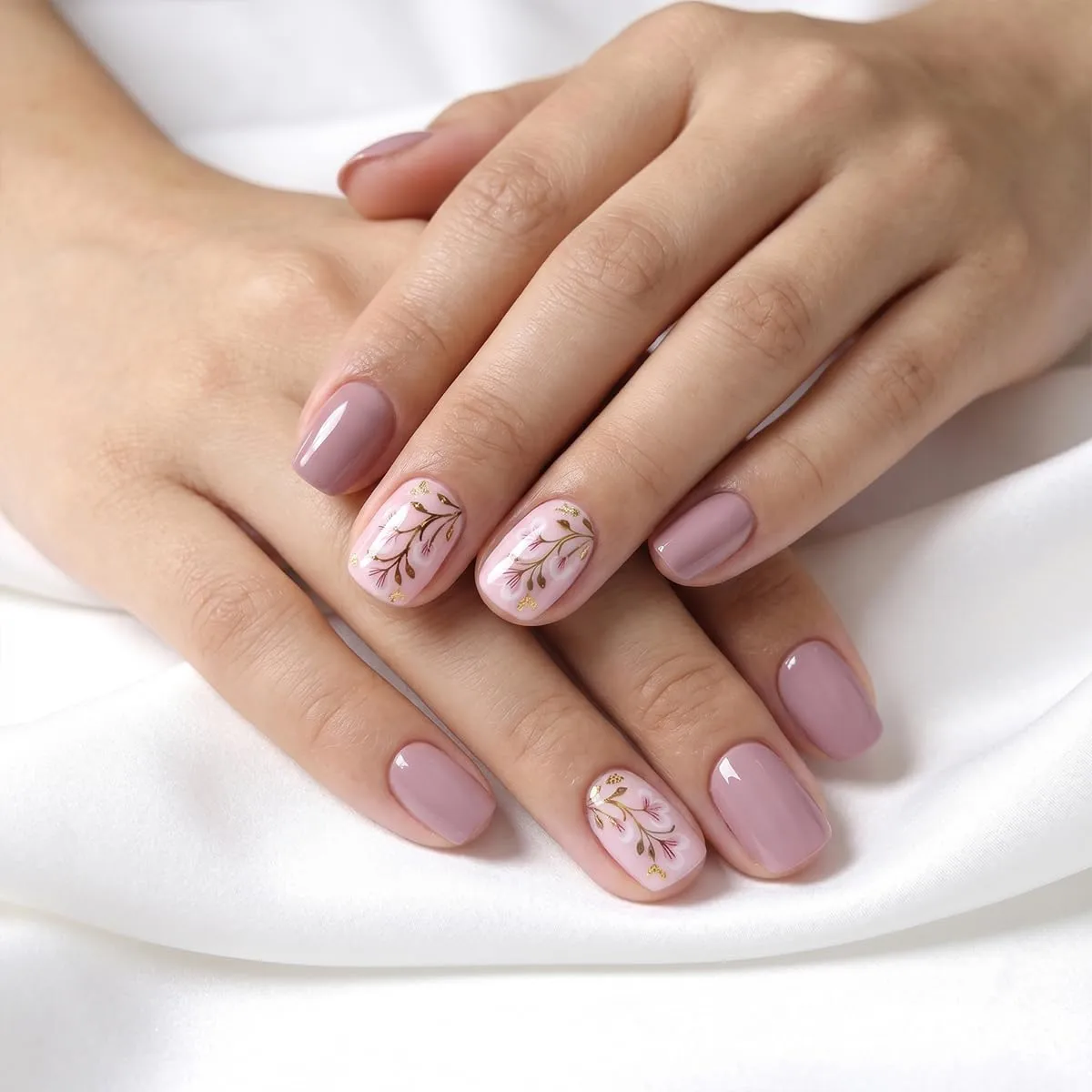 Short Square Press On Nails - Purple Glitter Fake Nails Cute Flower Bud & Floral Design Glossy Finished Reusable False Nails with Glue Tabs - 24Pcs Nail Kit for Women Manicure