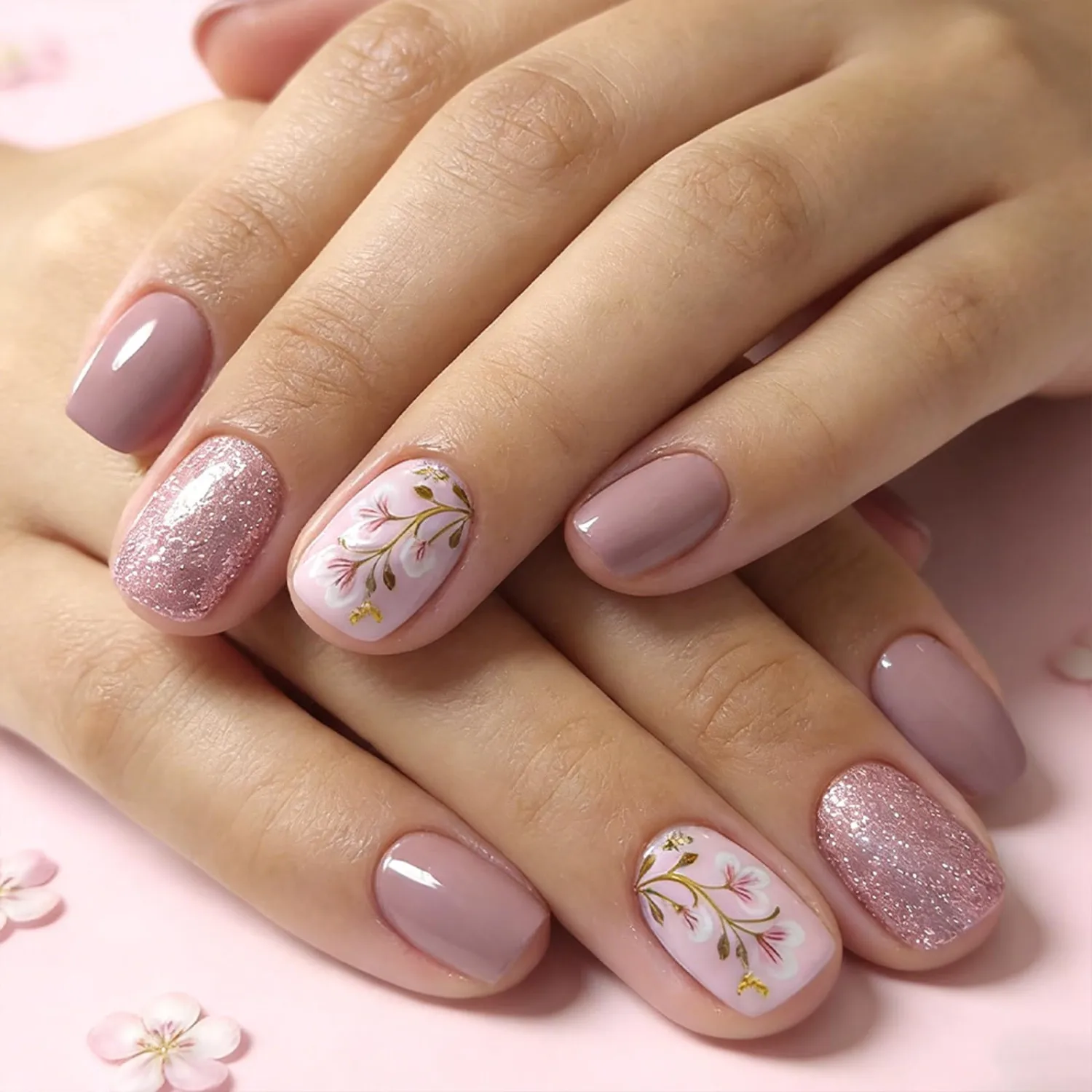 Short Square Press On Nails - Purple Glitter Fake Nails Cute Flower Bud & Floral Design Glossy Finished Reusable False Nails with Glue Tabs - 24Pcs Nail Kit for Women Manicure