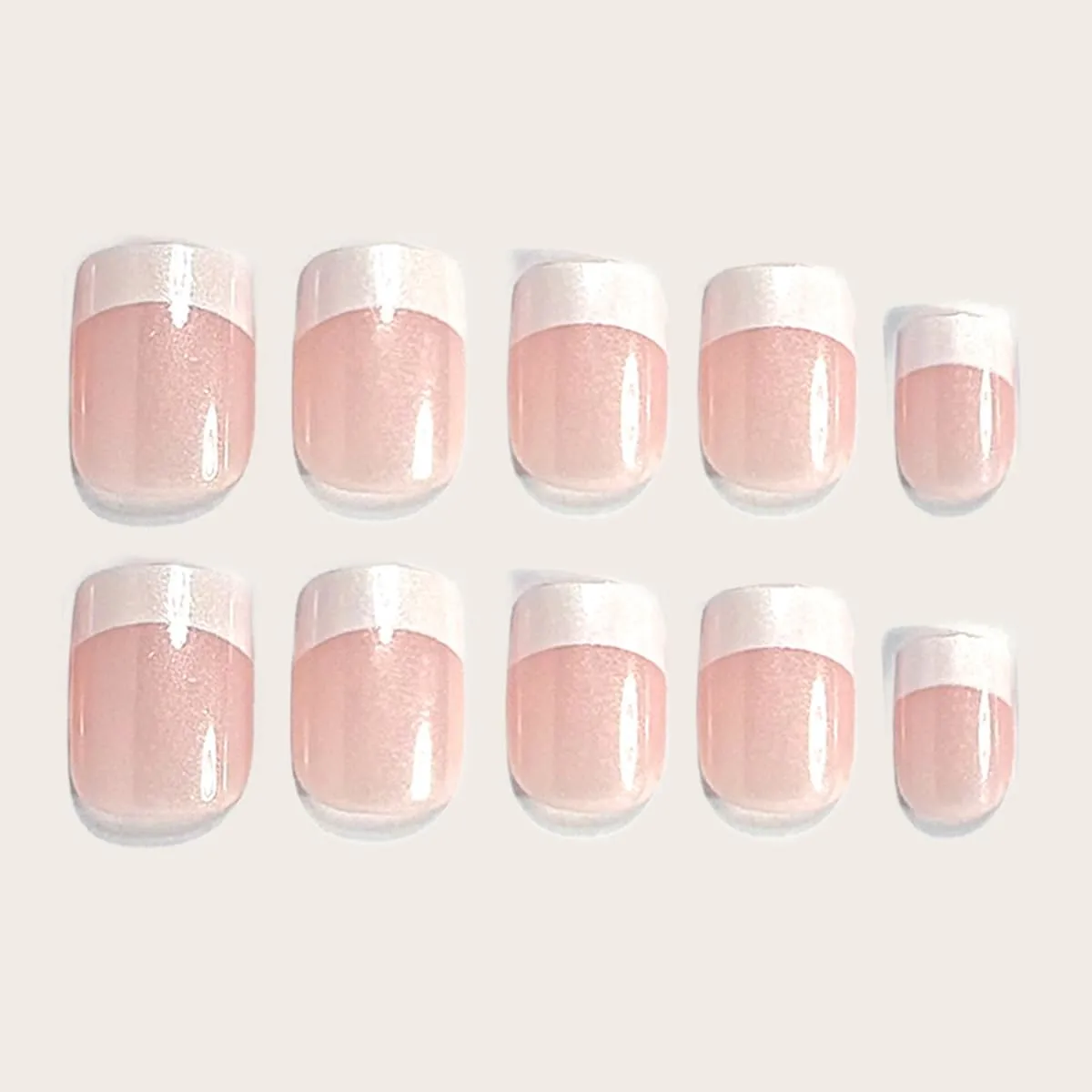 Short Square Press On Nails - Light Pink Glitter White edge Fake Nails Glossy Finished Reusable False Nails with Glue Tabs - 24Pcs Nail Kit for Women Manicure