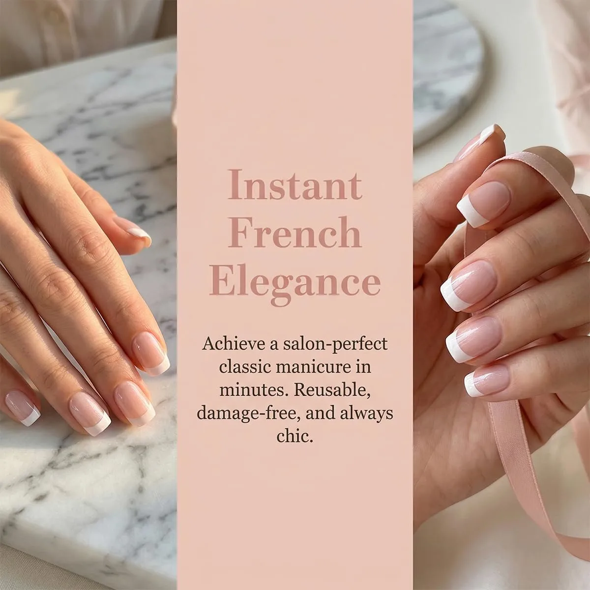 Short Square Press On Nails - Light Pink Glitter White edge Fake Nails Glossy Finished Reusable False Nails with Glue Tabs - 24Pcs Nail Kit for Women Manicure