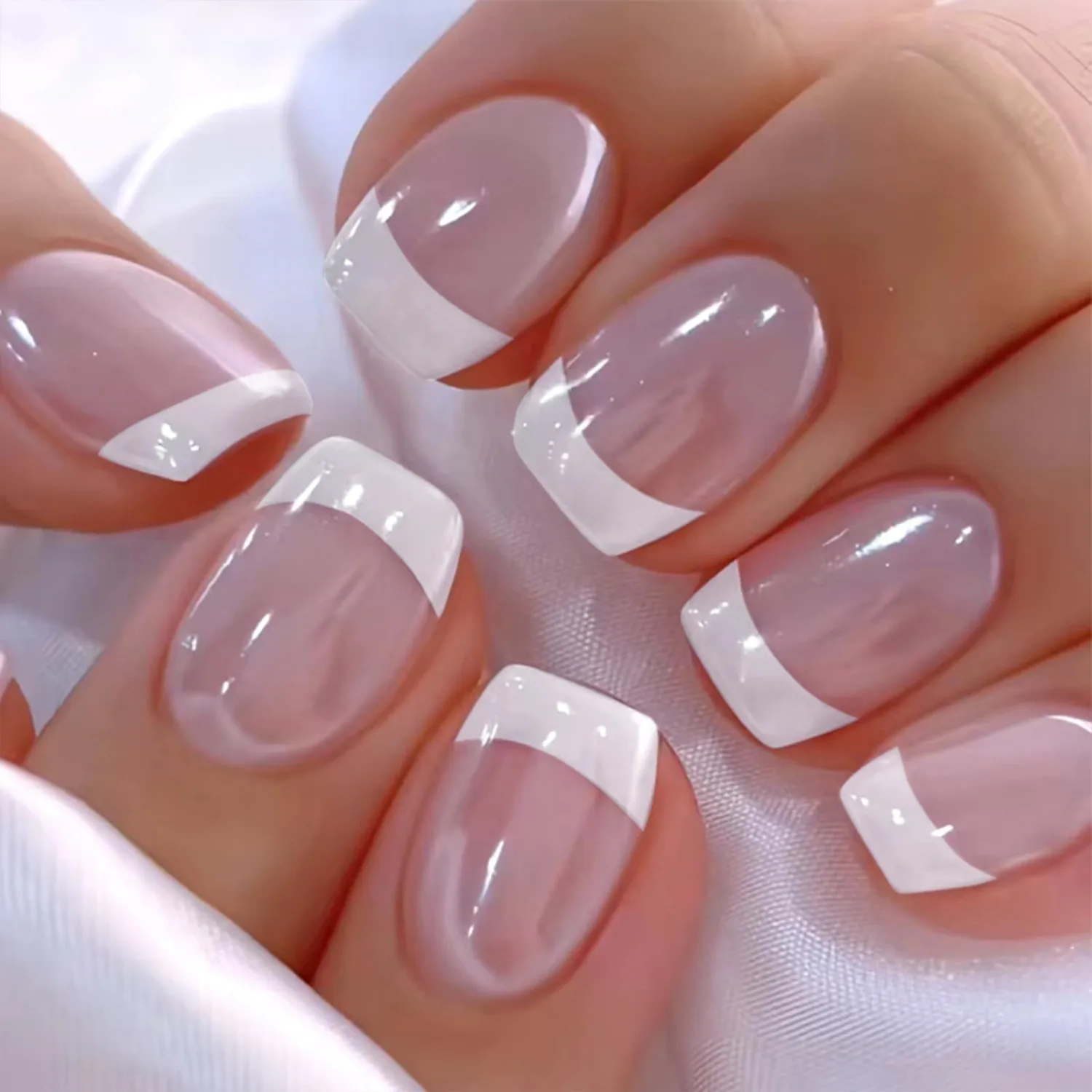 Short Square Press On Nails - Light Pink Glitter White edge Fake Nails Glossy Finished Reusable False Nails with Glue Tabs - 24Pcs Nail Kit for Women Manicure