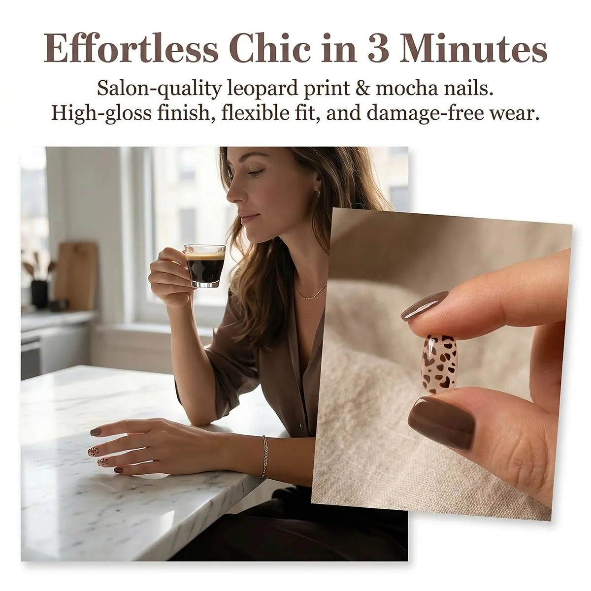 Short Square Press On Nails - Brown Glitter Leopard Fake Nails Glossy Finished Reusable False Nails with Glue Tabs - 24Pcs Nail Kit for Women Manicure