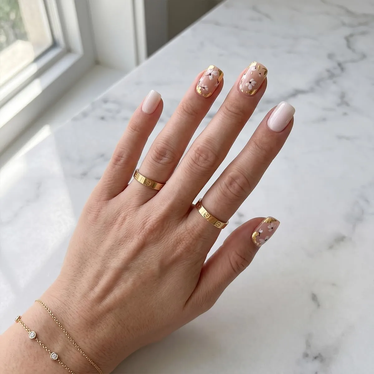 Short Square Press On Nails - Gold Foil White Flower Fake Nails Glossy Finished Reusable False Nails with Glue Tabs - 24Pcs Nail Kit for Women Manicure