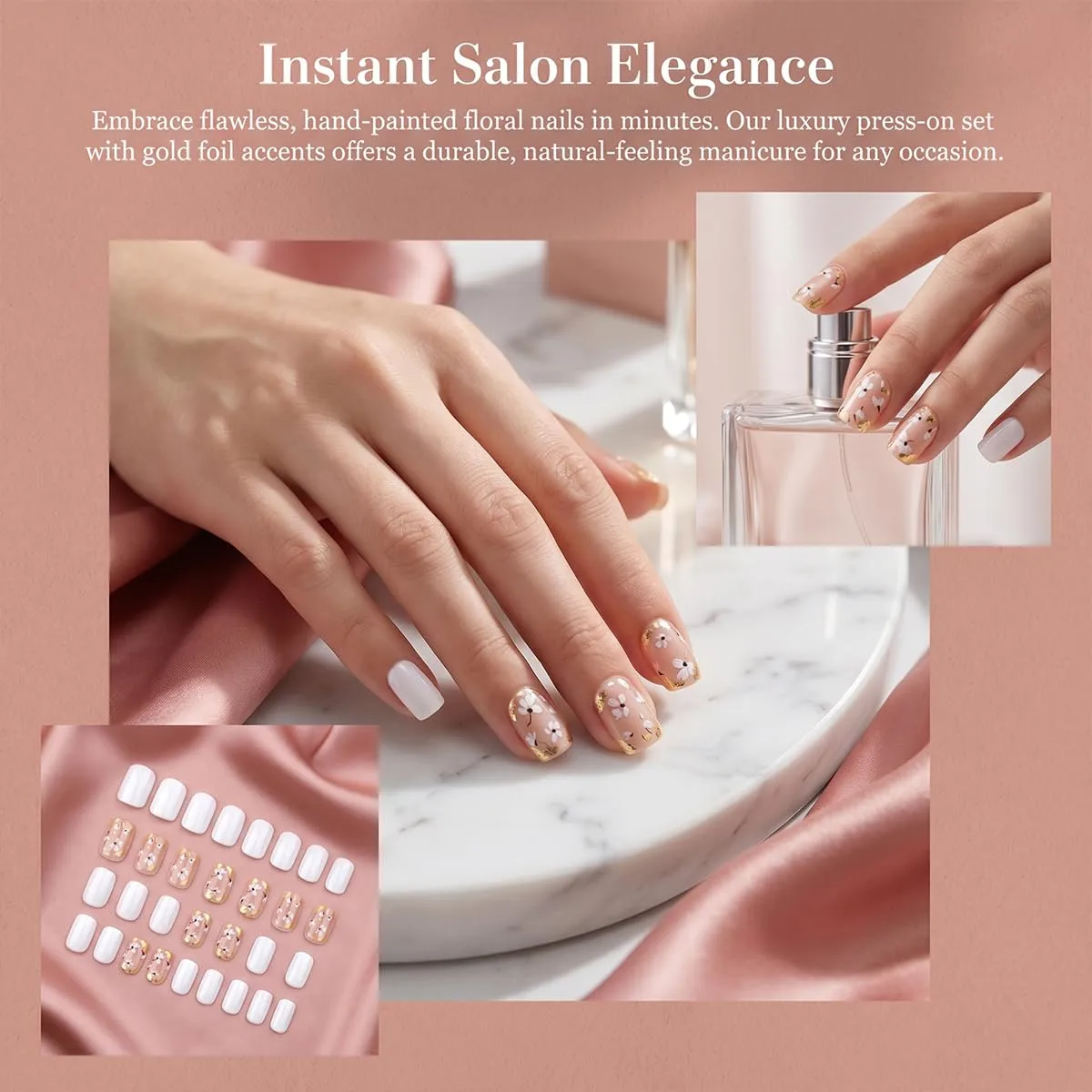 Short Square Press On Nails - Gold Foil White Flower Fake Nails Glossy Finished Reusable False Nails with Glue Tabs - 24Pcs Nail Kit for Women Manicure