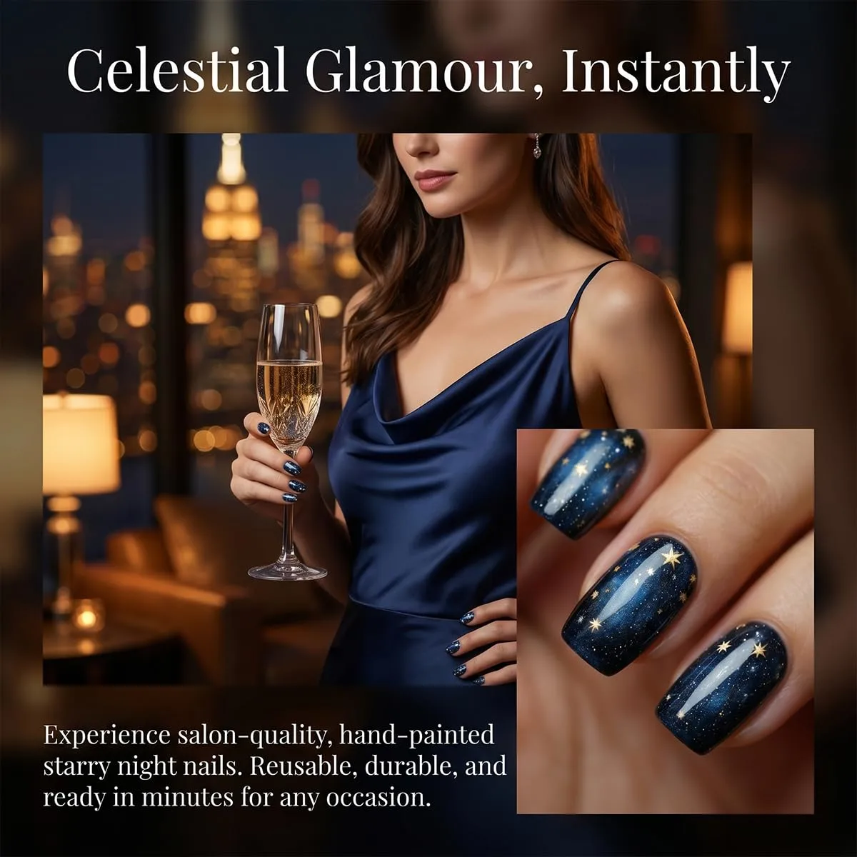 Short Square Press On Nails - Black Blue Fake Nails Golden Star Designs Glossy Finished Reusable False Nails with Glue Tabs - 24Pcs Nail Kit for Women Manicure