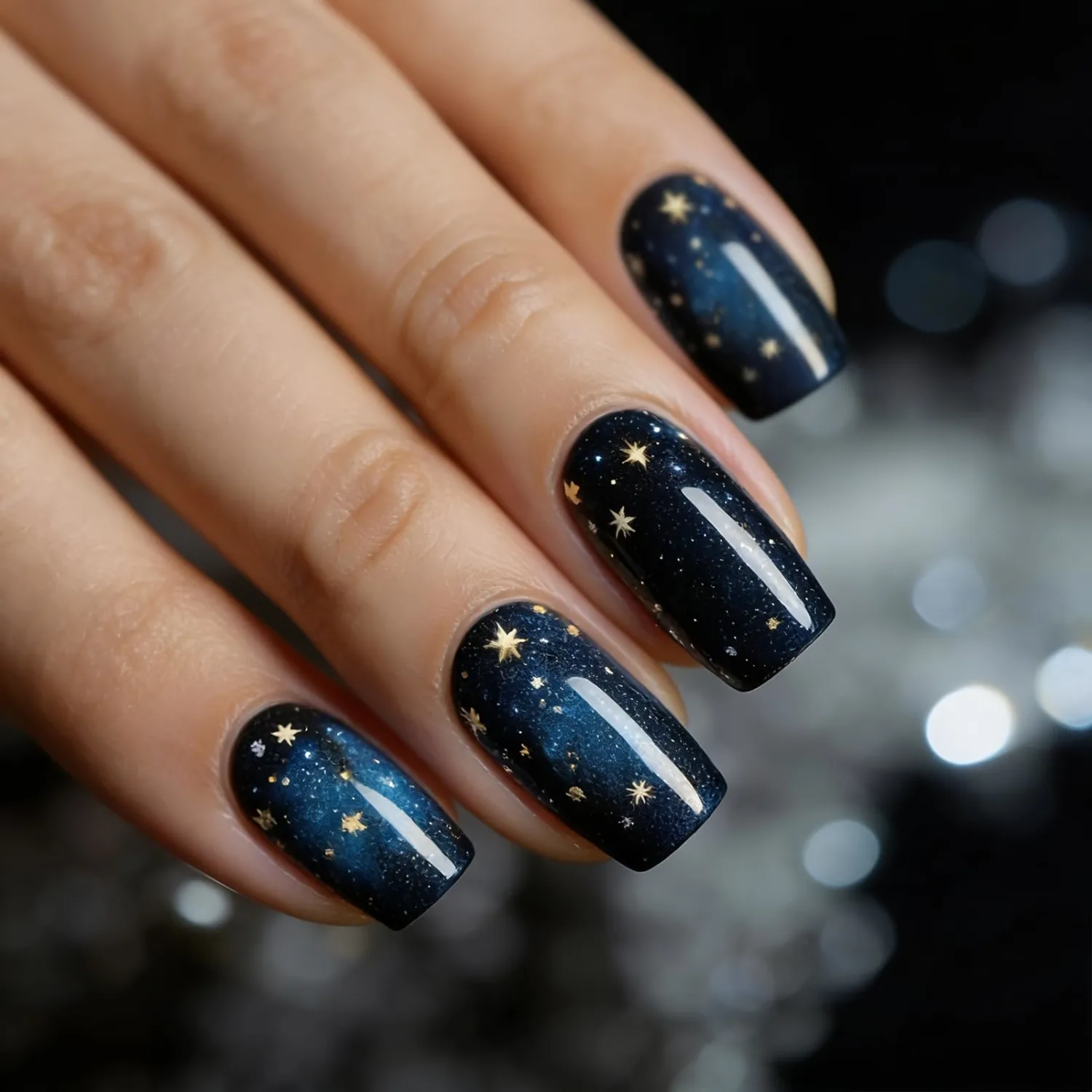Short Square Press On Nails - Black Blue Fake Nails Golden Star Designs Glossy Finished Reusable False Nails with Glue Tabs - 24Pcs Nail Kit for Women Manicure