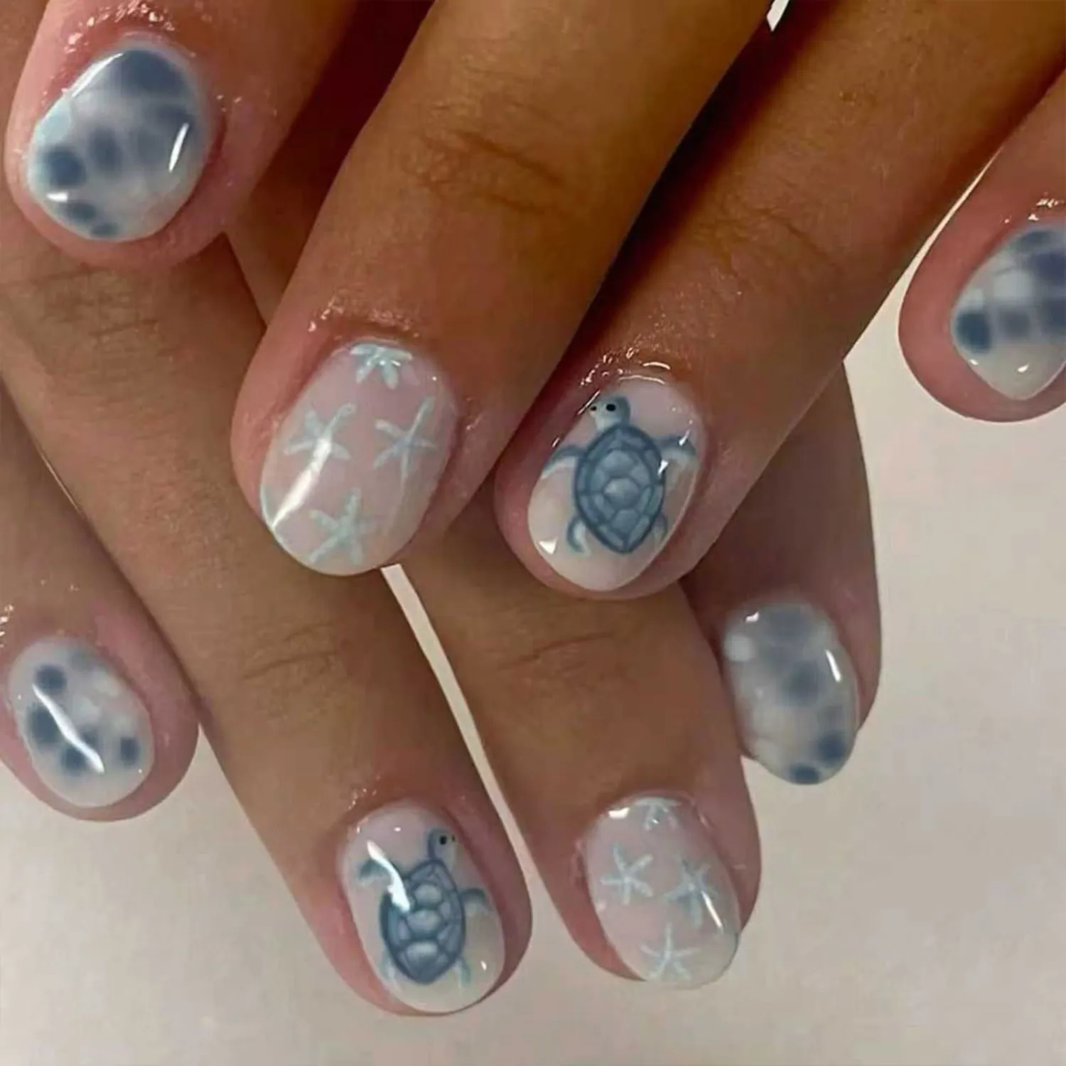 Summer Press On Nails - Short Square White Blue Fake Nails with Starfish & Turtle Design lossy Finished Reusable False Nails with Glue Tabs - 24Pcs Nail Kit for Women Manicure