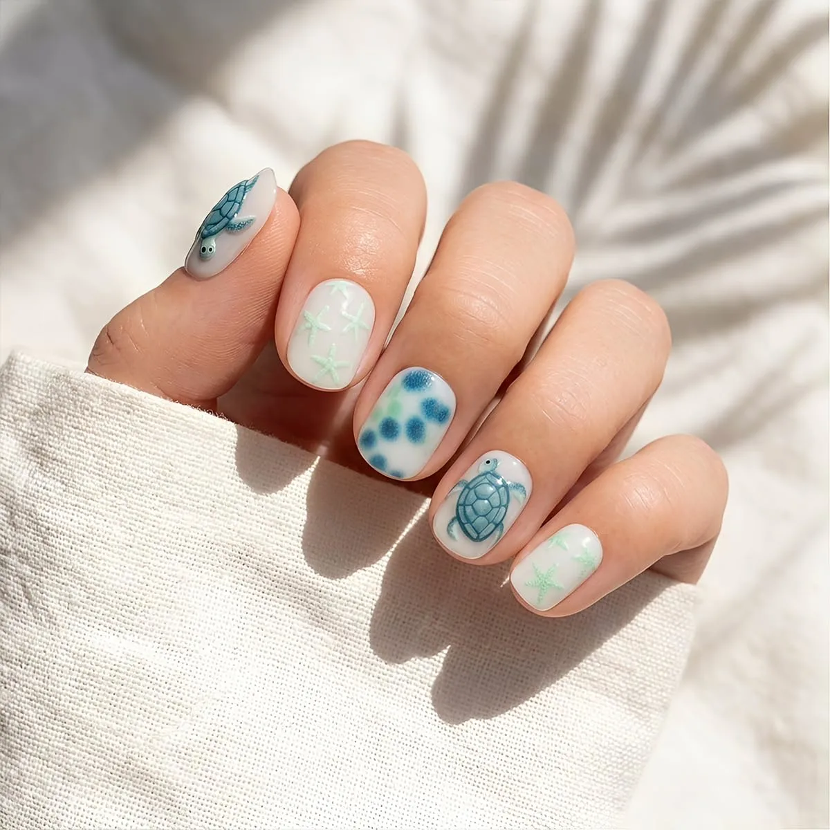 Summer Press On Nails - Short Square White Blue Fake Nails with Starfish & Turtle Design lossy Finished Reusable False Nails with Glue Tabs - 24Pcs Nail Kit for Women Manicure