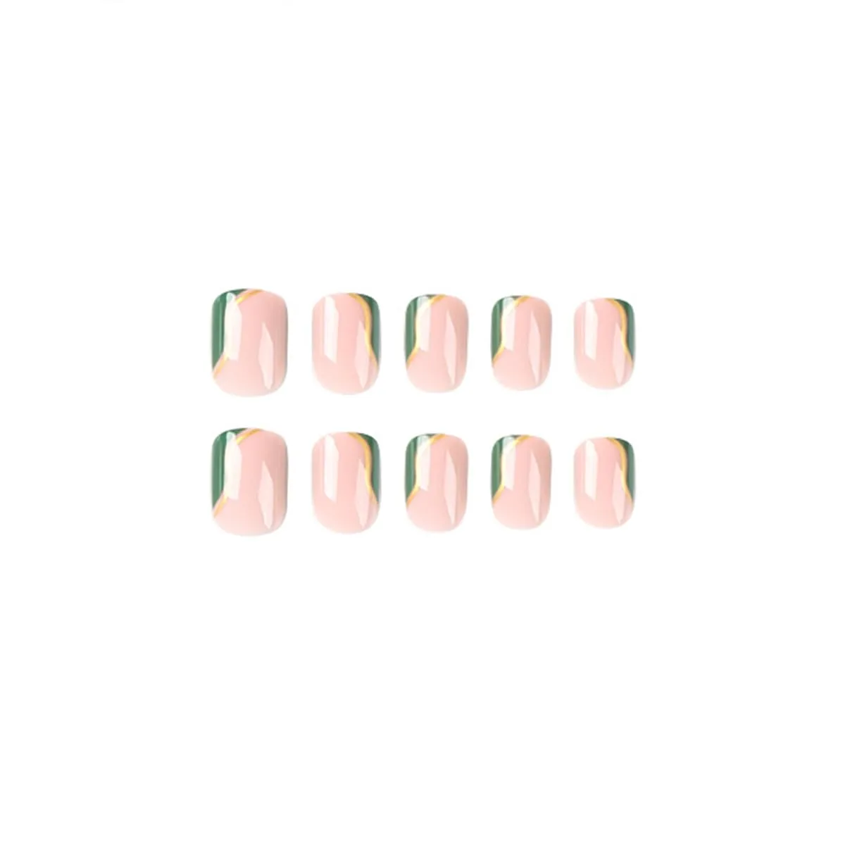 Short Square Press On Nails - Nude Green Fake Nails with Gold Stripes Glossy Finished Reusable False Nails with Glue Tabs - 24Pcs Nail Kit for Women Manicure