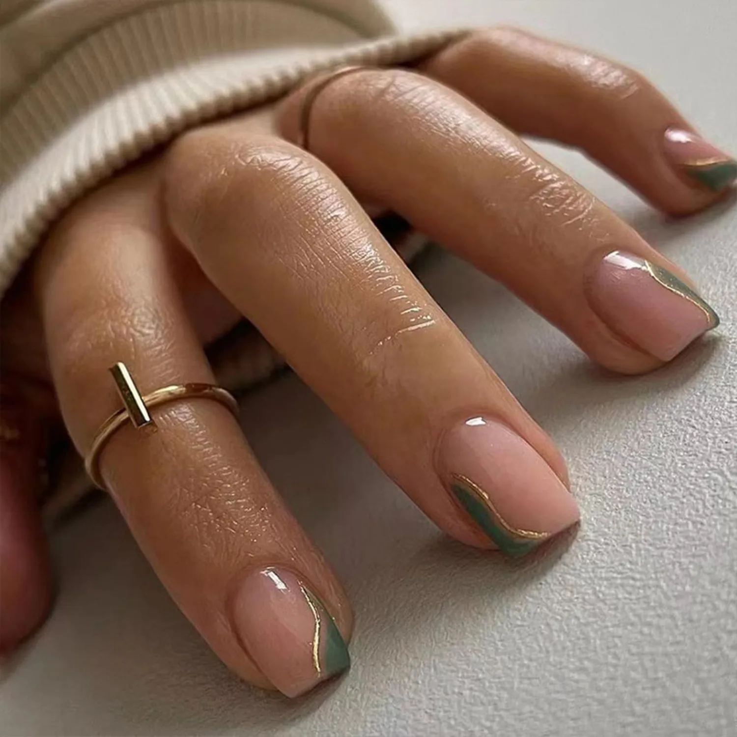 Short Square Press On Nails - Nude Green Fake Nails with Gold Stripes Glossy Finished Reusable False Nails with Glue Tabs - 24Pcs Nail Kit for Women Manicure