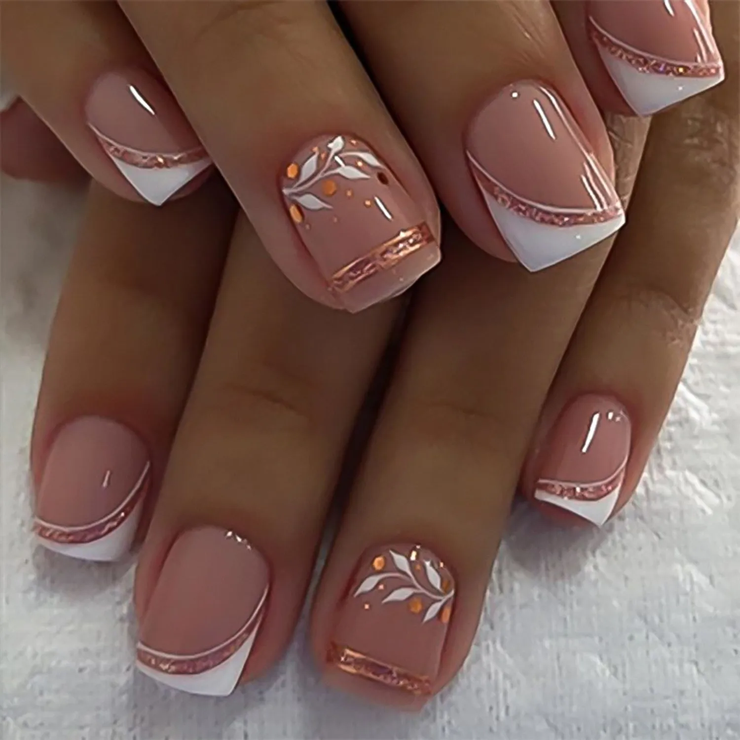 Short Square Press On Nails - Nude Fake Nails with White Tips & Minimalist Purple Gold Line Design Glossy Finished Reusable False Nails with Glue Tabs - 24Pcs Nail Kit for Women Manicure