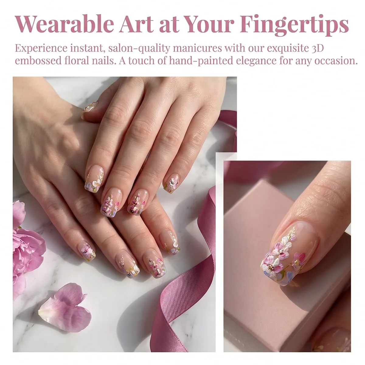 Short Square Press On Nails - Pink Nude Colorful Floral Fake Nails Glossy Finished Reusable False Nails with Glue Tabs - 24Pcs Nail Kit for Women Manicure