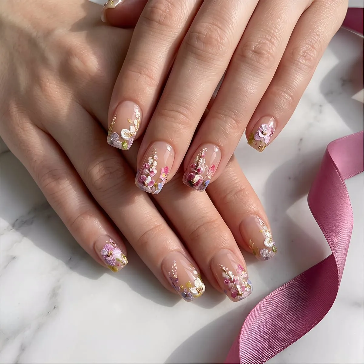 Short Square Press On Nails - Pink Nude Colorful Floral Fake Nails Glossy Finished Reusable False Nails with Glue Tabs - 24Pcs Nail Kit for Women Manicure