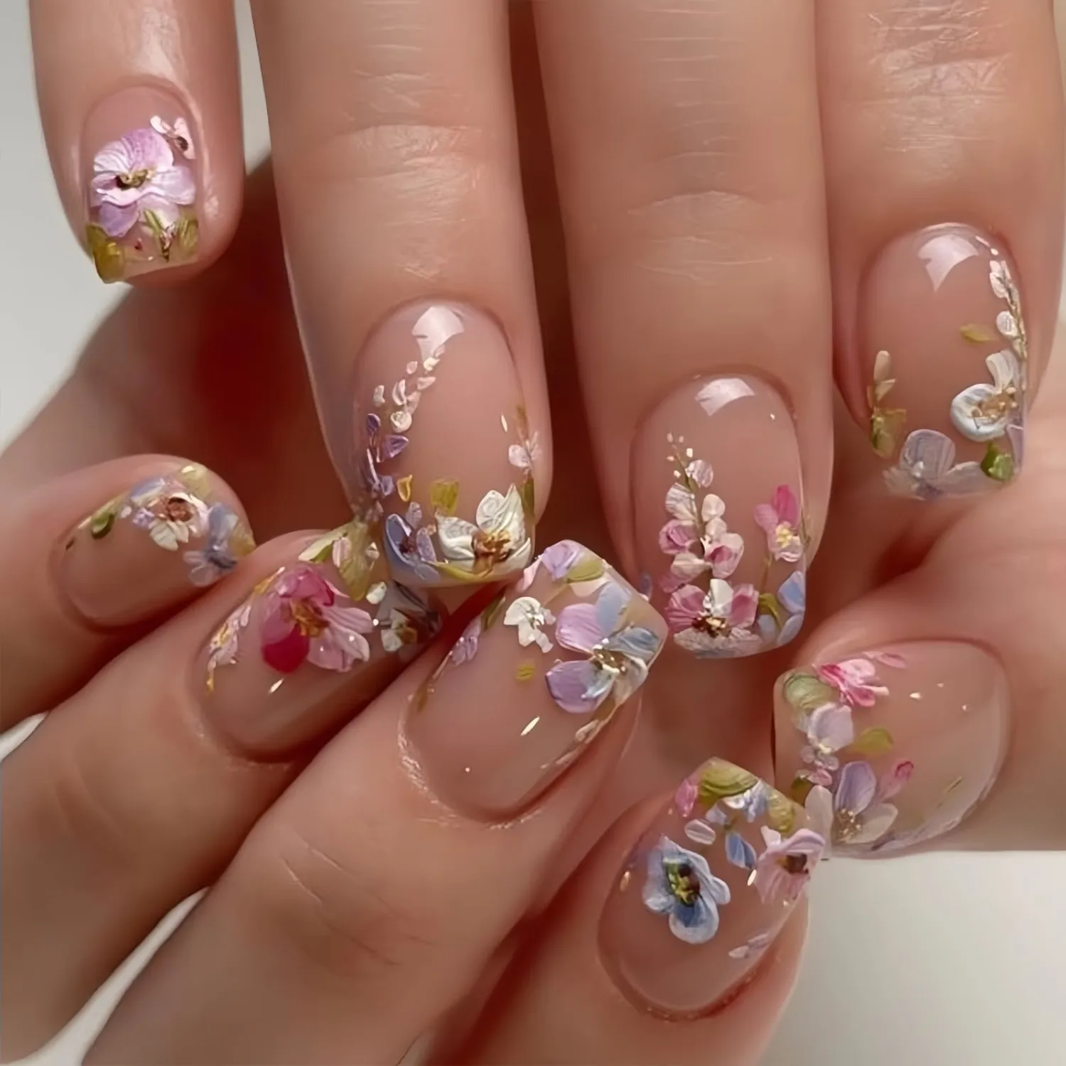 Short Square Press On Nails - Pink Nude Colorful Floral Fake Nails Glossy Finished Reusable False Nails with Glue Tabs - 24Pcs Nail Kit for Women Manicure