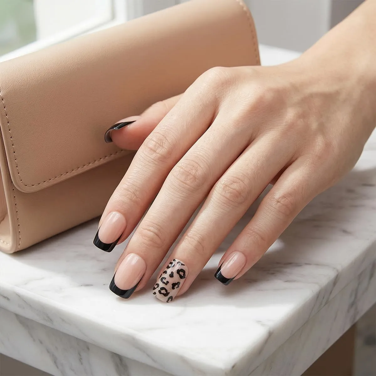 Short Square Press On Nails - Black Nude Leopard Print Fake Nails Glossy Finished Reusable False Nails with Glue Tabs - 24Pcs Nail Kit for Women Manicure