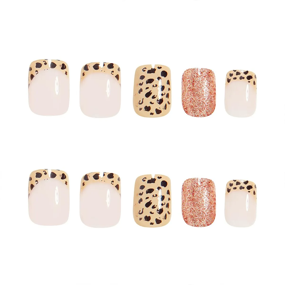 Short Square Press On Nails - Golden Glitter Leopard Print Fake Nails Glossy Finished Reusable False Nails with Glue Tabs - 24Pcs Nail Kit for Women Manicure