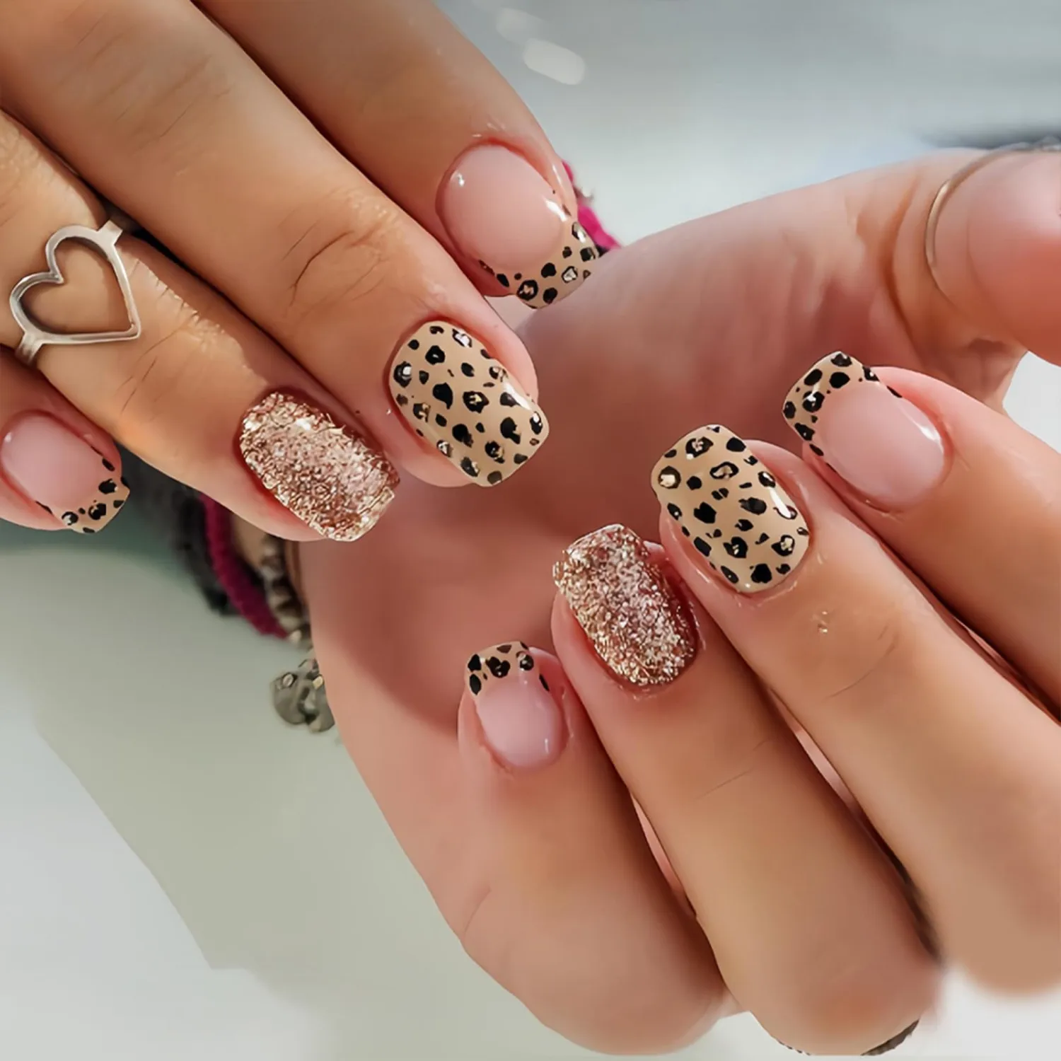 Short Square Press On Nails - Golden Glitter Leopard Print Fake Nails Glossy Finished Reusable False Nails with Glue Tabs - 24Pcs Nail Kit for Women Manicure