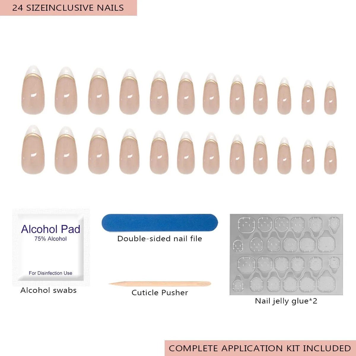 24Pcs 12 Sizes Waterdrop Press on Nails Kit, Complete Fake Nails Set with Jelly Glue Pads, Nail Buffer File and Cuticle Pusher, Reusable Nails for Women Daily Party (Pinkish-white)