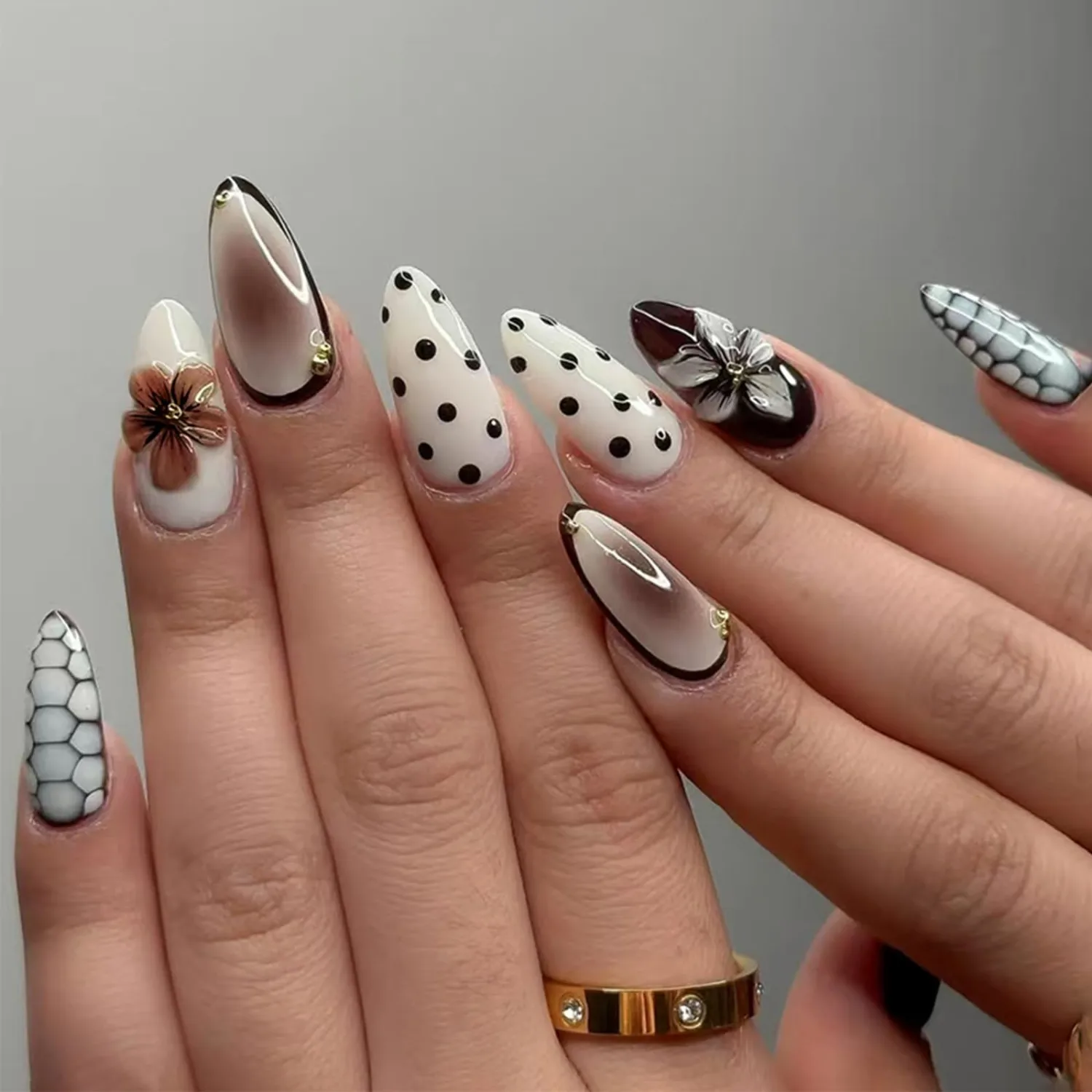 30 Pcs HZJXRT Press on Nails 3D Flower Medium Almond False Nails Glossy Brown Gradient Stick on Fingernail Polka Dots Acrylic Fake Nail Tortoise Pattern Gel Glue on Nail for Coquette Women Gift