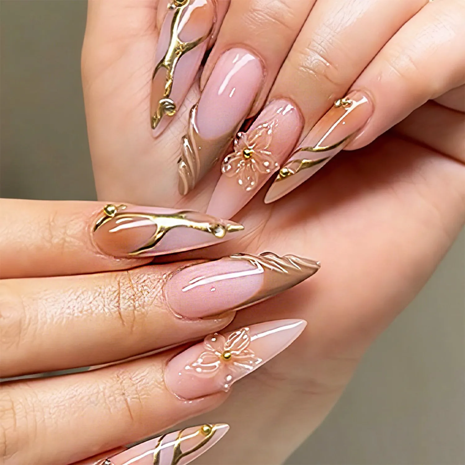 24 Pcs 3D Flower Long Stiletto False Nails HZJXRT Press on Nails Glossy Brown French Tips Stick on Fingernail Curve Line Acrylic Fake Nail Orange Gradient Gel Glue on Nail for Coquette Women Gift