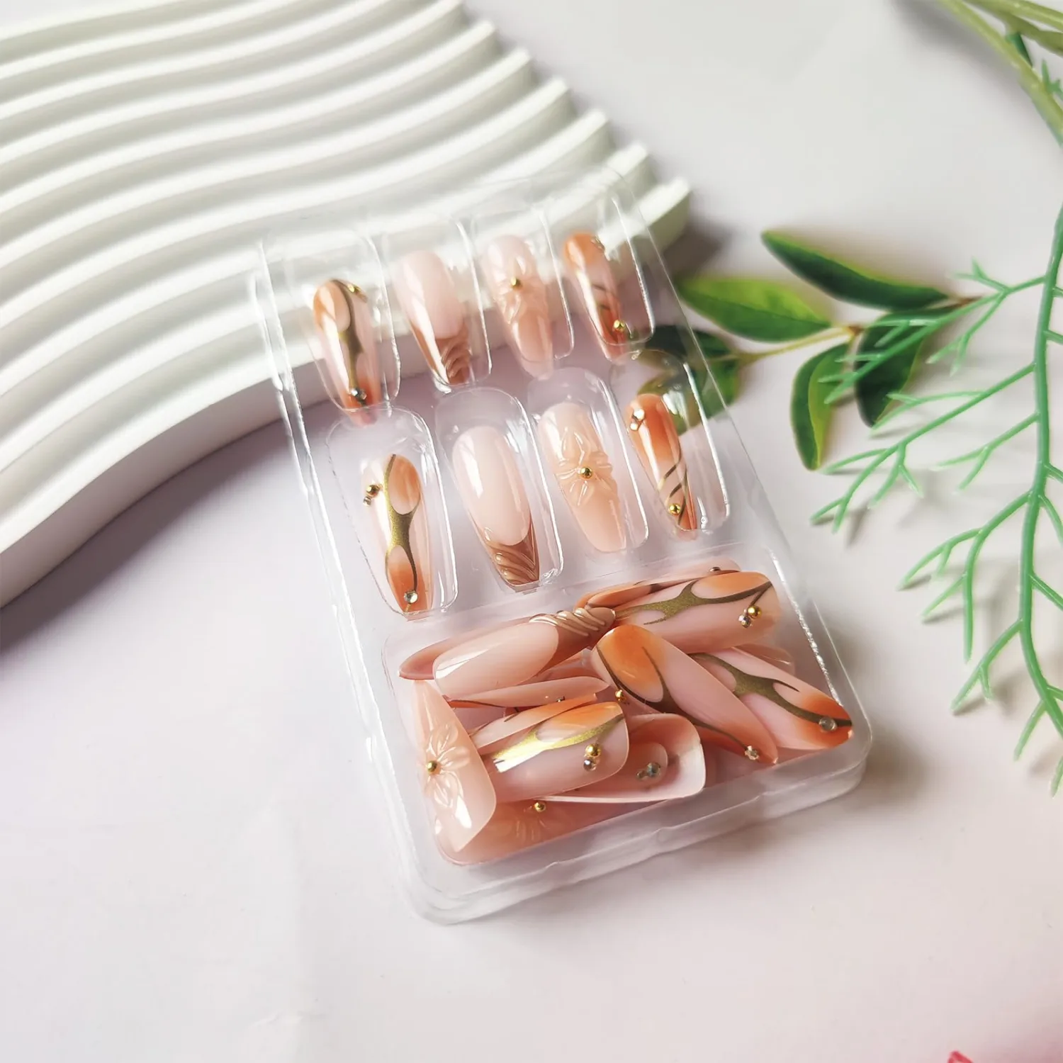 24 Pcs 3D Flower Long Stiletto False Nails HZJXRT Press on Nails Glossy Brown French Tips Stick on Fingernail Curve Line Acrylic Fake Nail Orange Gradient Gel Glue on Nail for Coquette Women Gift