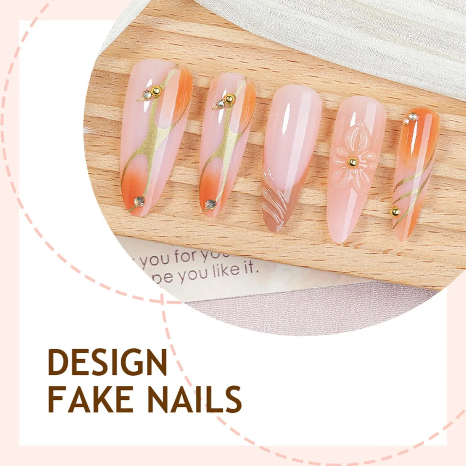 24 Pcs 3D Flower Long Stiletto False Nails HZJXRT Press on Nails Glossy Brown French Tips Stick on Fingernail Curve Line Acrylic Fake Nail Orange Gradient Gel Glue on Nail for Coquette Women Gift