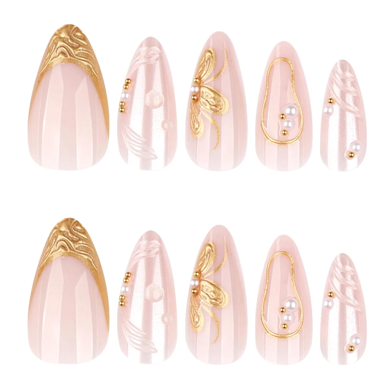 3D Gold Flower Acrylic Fake Nail HZJXRT Press on Nails 24 Pcs Pearl Gel Glue on Nail Glossy French Tips Stick on Fingernail Curve Line Medium Almond False Nails for Coquette Women Gift