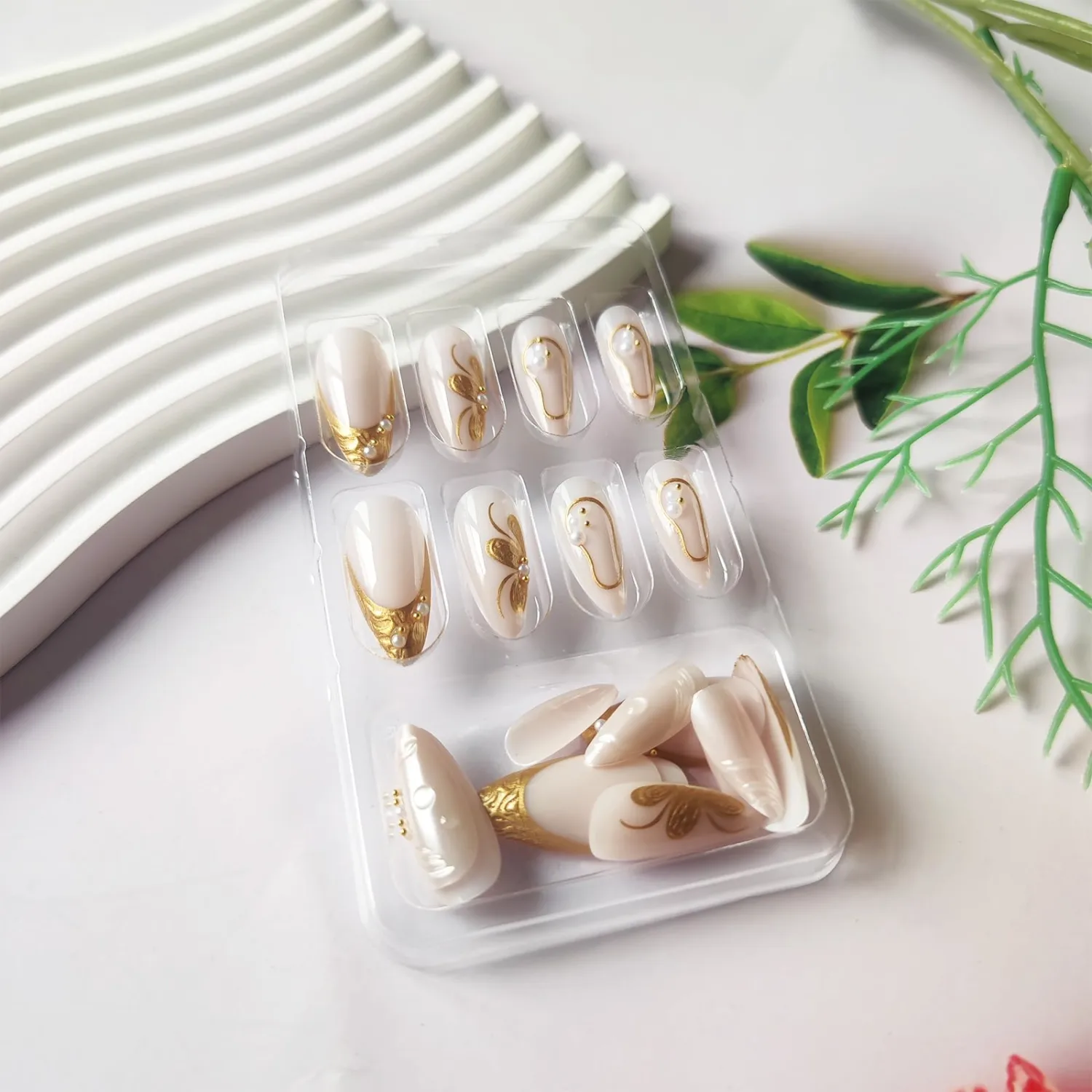 3D Gold Flower Acrylic Fake Nail HZJXRT Press on Nails 24 Pcs Pearl Gel Glue on Nail Glossy French Tips Stick on Fingernail Curve Line Medium Almond False Nails for Coquette Women Gift