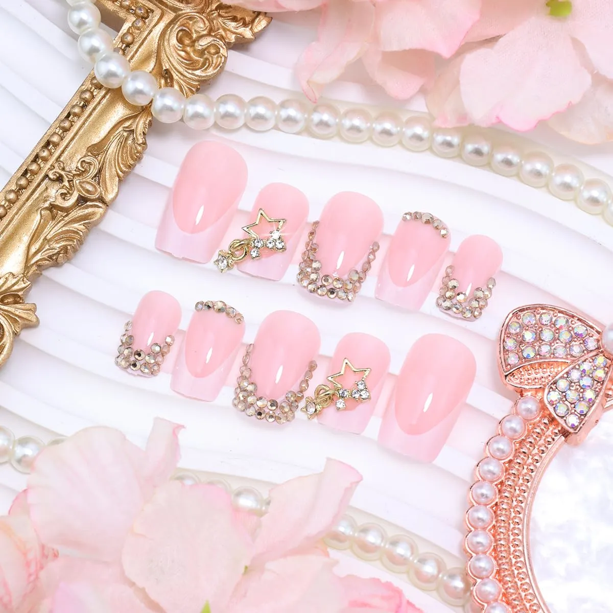 24Pcs Short Square Press on Nails French Tip Fake Nails 3D Diamond Sparkly Gold Stars Rhinestones Acrylic Nails Designs Full Cover Glossy Glue on Nails for Women Reusable Nail Kits