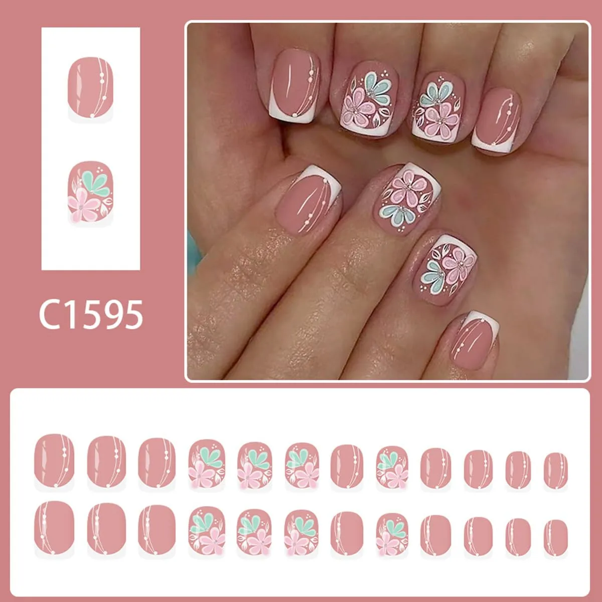 24Pcs Short Square Press on Nails Flower Fake Nails with Glitter Designs, White French Tip False Nail Short Square Nails Press ons Glossy Full Cover Cute Floral Stick on Nails for Women