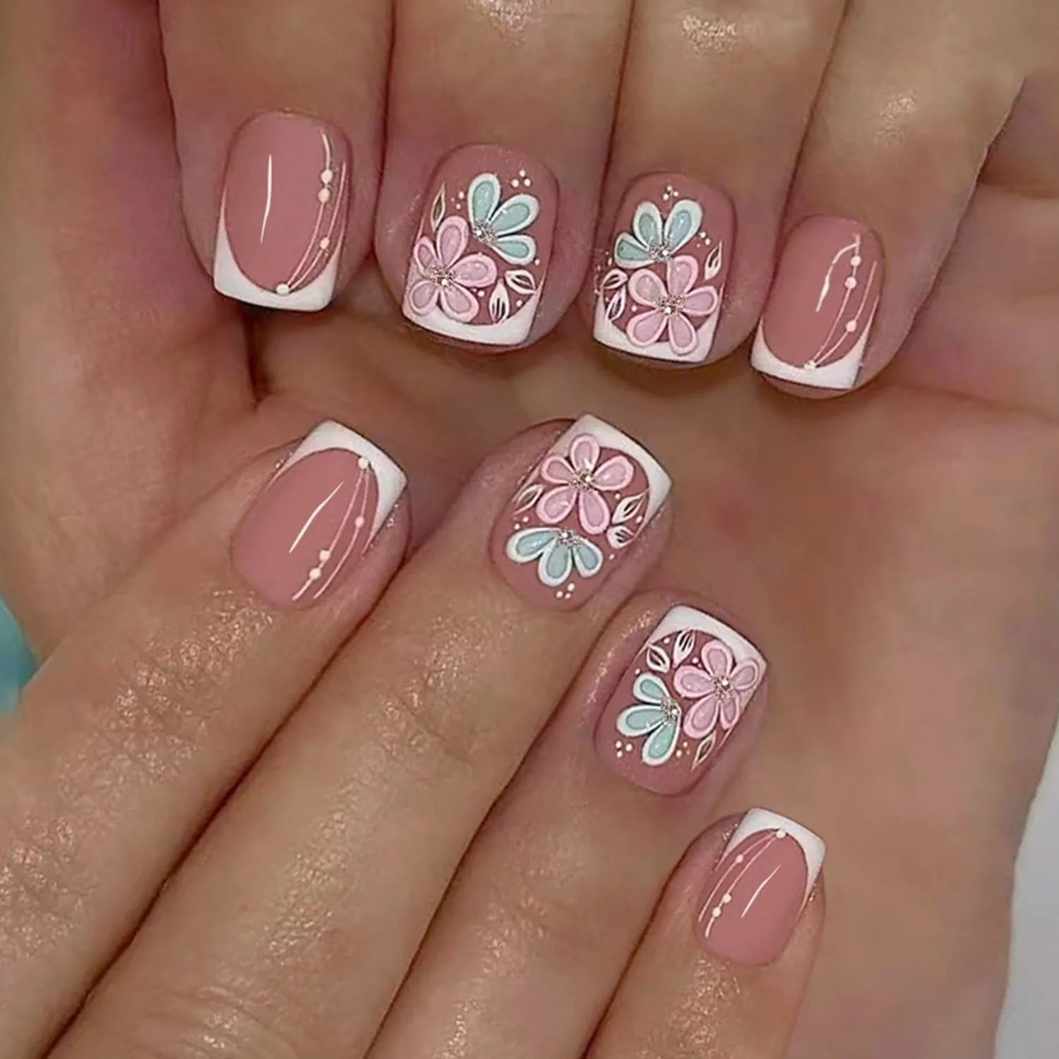 24Pcs Short Square Press on Nails Flower Fake Nails with Glitter Designs, White French Tip False Nail Short Square Nails Press ons Glossy Full Cover Cute Floral Stick on Nails for Women