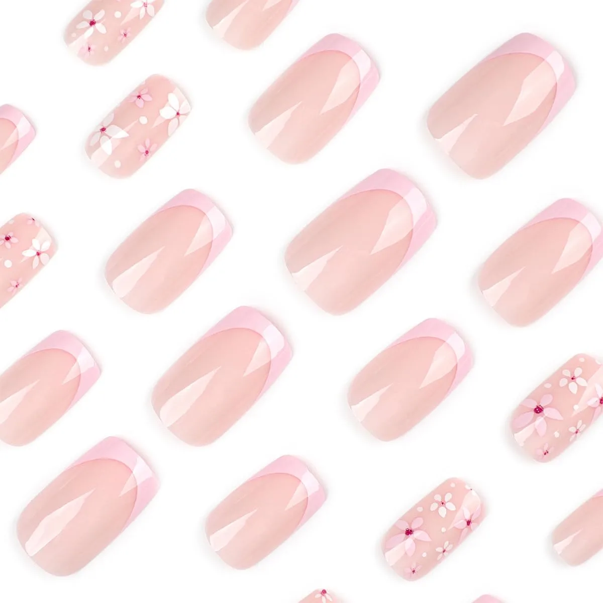 24Pcs Pink French Tip Press On Nails Short Fake Nails Spring Summer Daisy Nails Press Ons Acrylic Nail Tips Glossy Nude Pink Reusable Full Cover Cute White Flower Glue on Nails for Women