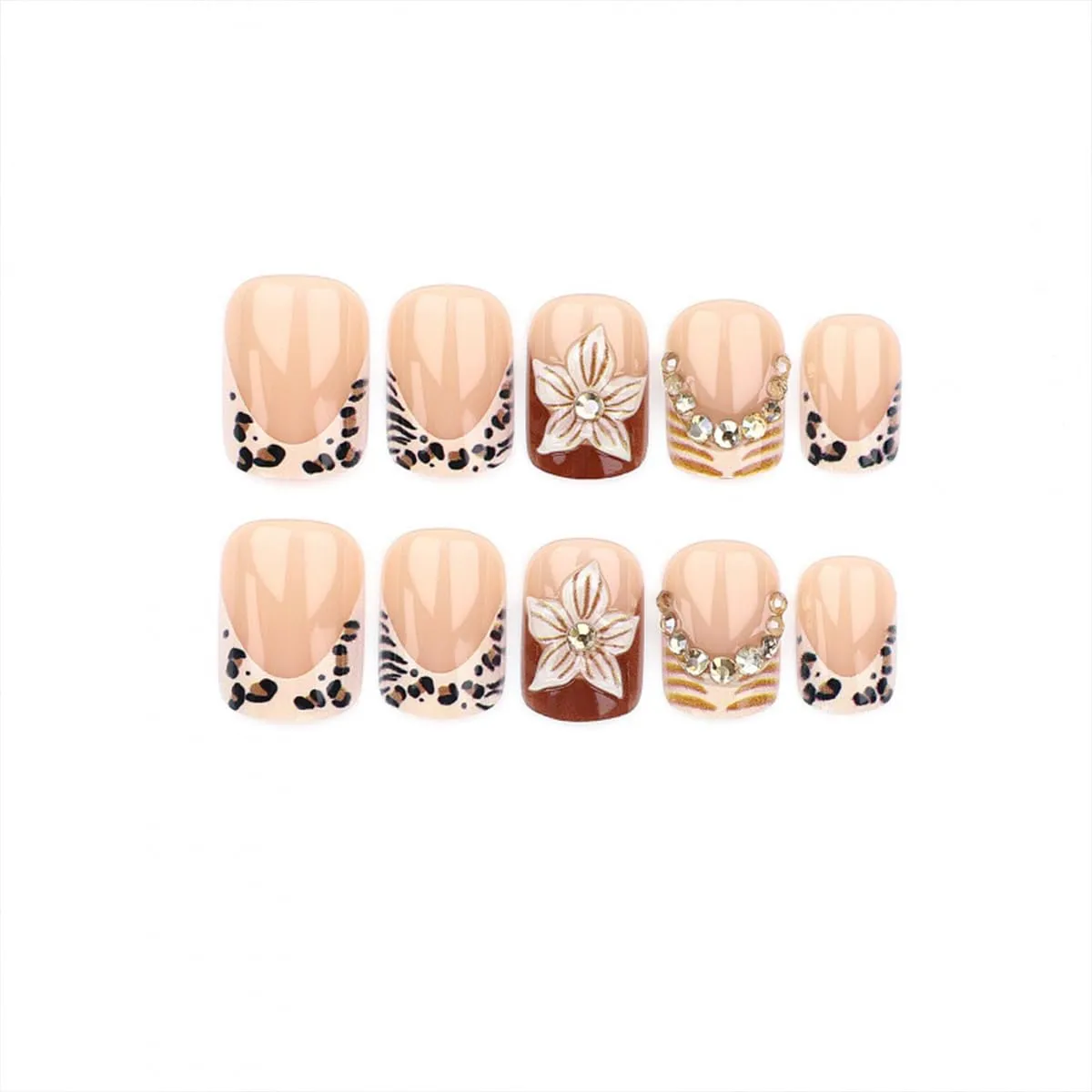 24Pcs Short Square Press on Nails Cute Leopard French Tip Fake Nails Brown 3D Flower Glue on Nail Rhinestones Diamond Fall Nail Art Designs Full Cover Acrylic False Nails for Women Manicure