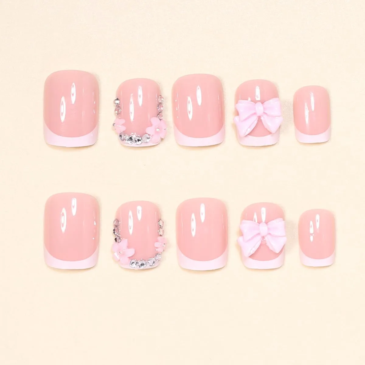 24pcs Short Press on Nails Square White French Tips Fake Nails with 3D Bow Rhinestones Flower Acrylic Nail Designs French False Nails Nude Pink Glossy Reusable Stick on Nails for Women Manicures
