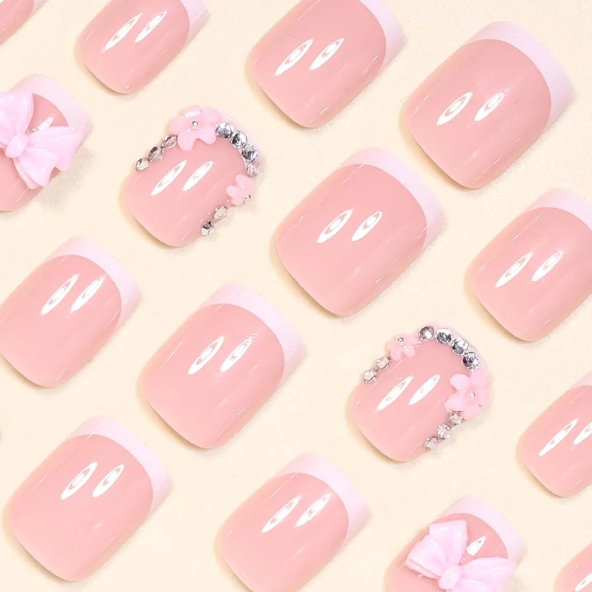 24pcs Short Press on Nails Square White French Tips Fake Nails with 3D Bow Rhinestones Flower Acrylic Nail Designs French False Nails Nude Pink Glossy Reusable Stick on Nails for Women Manicures
