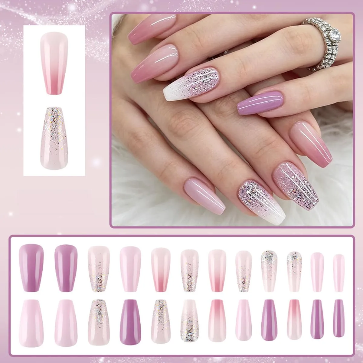 24Pcs Medium Press on Nails Nude Pink Fake Nails Coffin Shaped French Tip False Nails with Glitter Designs Light Color Pink Acrylic Fingernails Glossy Full Cover Stick on Nails for Women Manicure