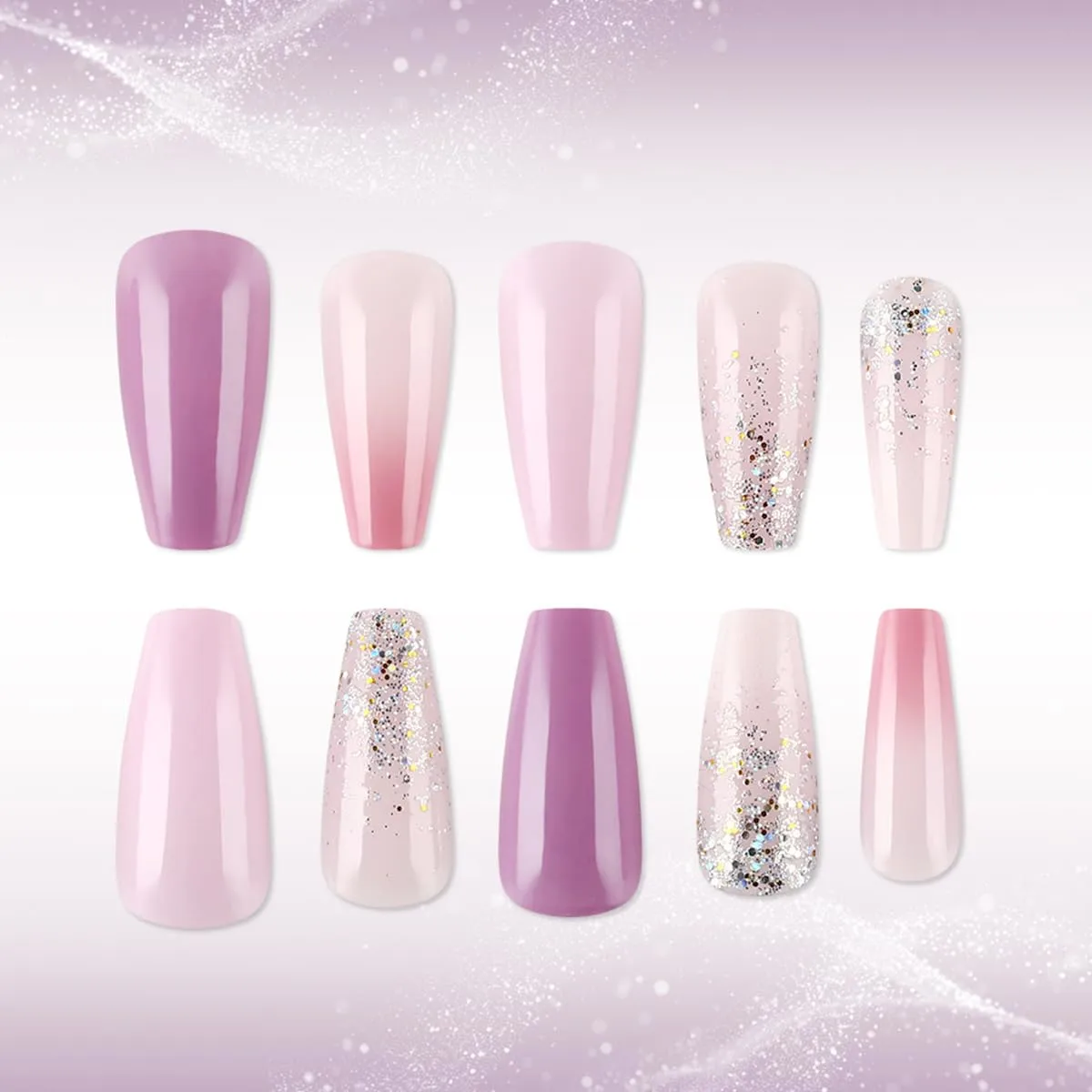 24Pcs Medium Press on Nails Nude Pink Fake Nails Coffin Shaped French Tip False Nails with Glitter Designs Light Color Pink Acrylic Fingernails Glossy Full Cover Stick on Nails for Women Manicure