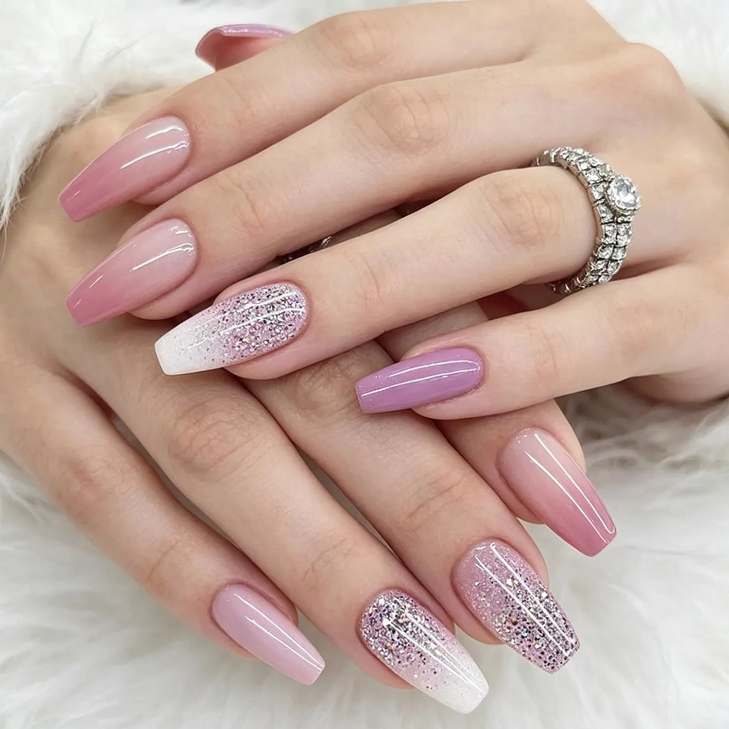 24Pcs Medium Press on Nails Nude Pink Fake Nails Coffin Shaped French Tip False Nails with Glitter Designs Light Color Pink Acrylic Fingernails Glossy Full Cover Stick on Nails for Women Manicure
