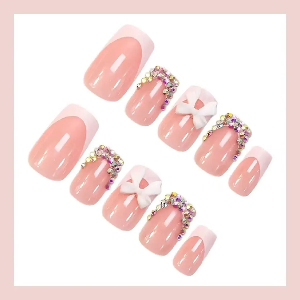 Square Press on Nails Short Fake Nails White French Tip with 3D Bow Design Glue on Nails Glossy Acrylic Rhinestone Nails Full Cover Stick on Nails Artificial Nails for Women Manicure 24 Pcs